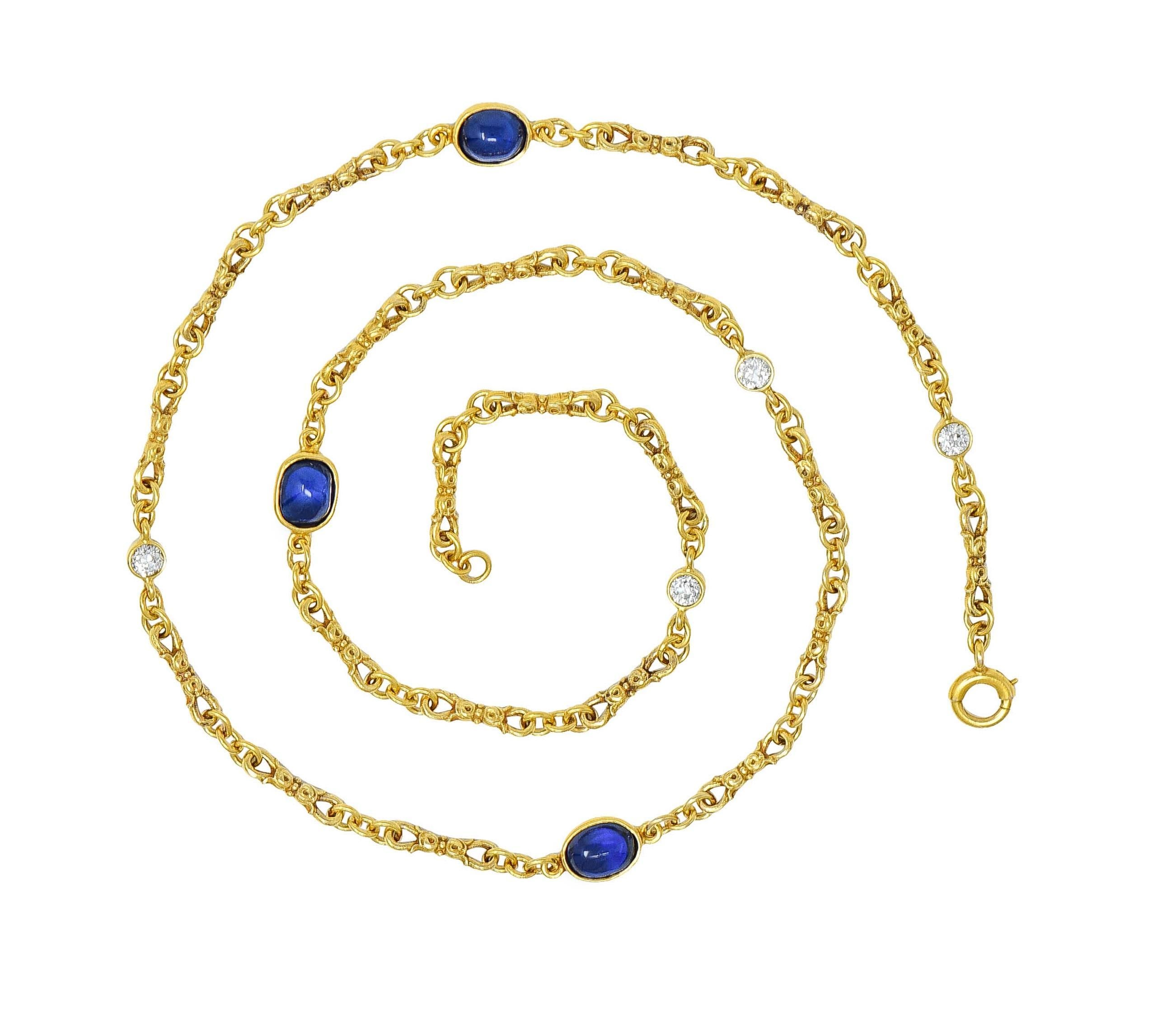 Comprised of fancy floral motif infinity links and cable link chain 
Accented by bezel set sapphire and diamond stations 
Sapphires are cushion-shaped cabochons - transparent medium blue
Weighing approximately 3.54 carats total 
Diamonds are old