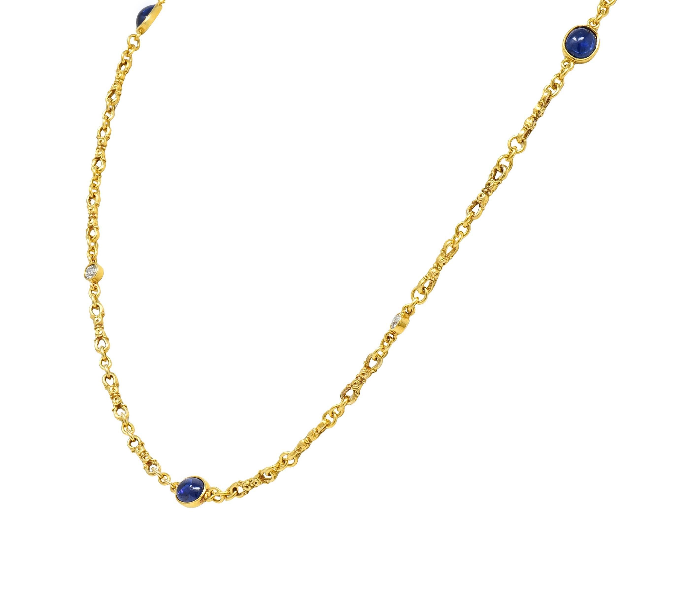 Round Cut Victorian 3.94 CTW Sapphire Diamond 18 Karat Yellow Gold Link Antique Necklace