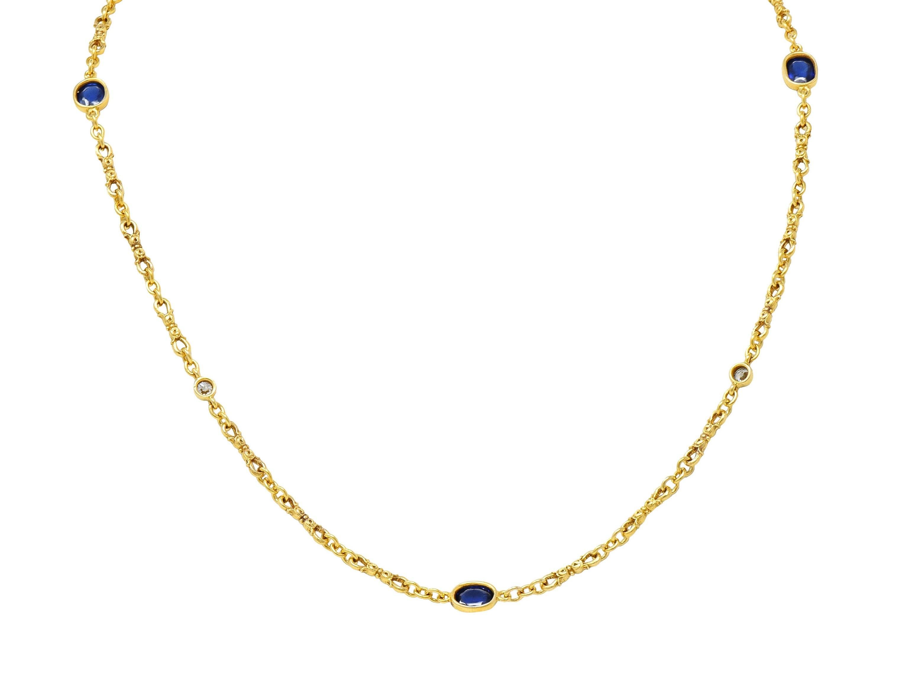 Victorian 3.94 CTW Sapphire Diamond 18 Karat Yellow Gold Link Antique Necklace In Excellent Condition In Philadelphia, PA