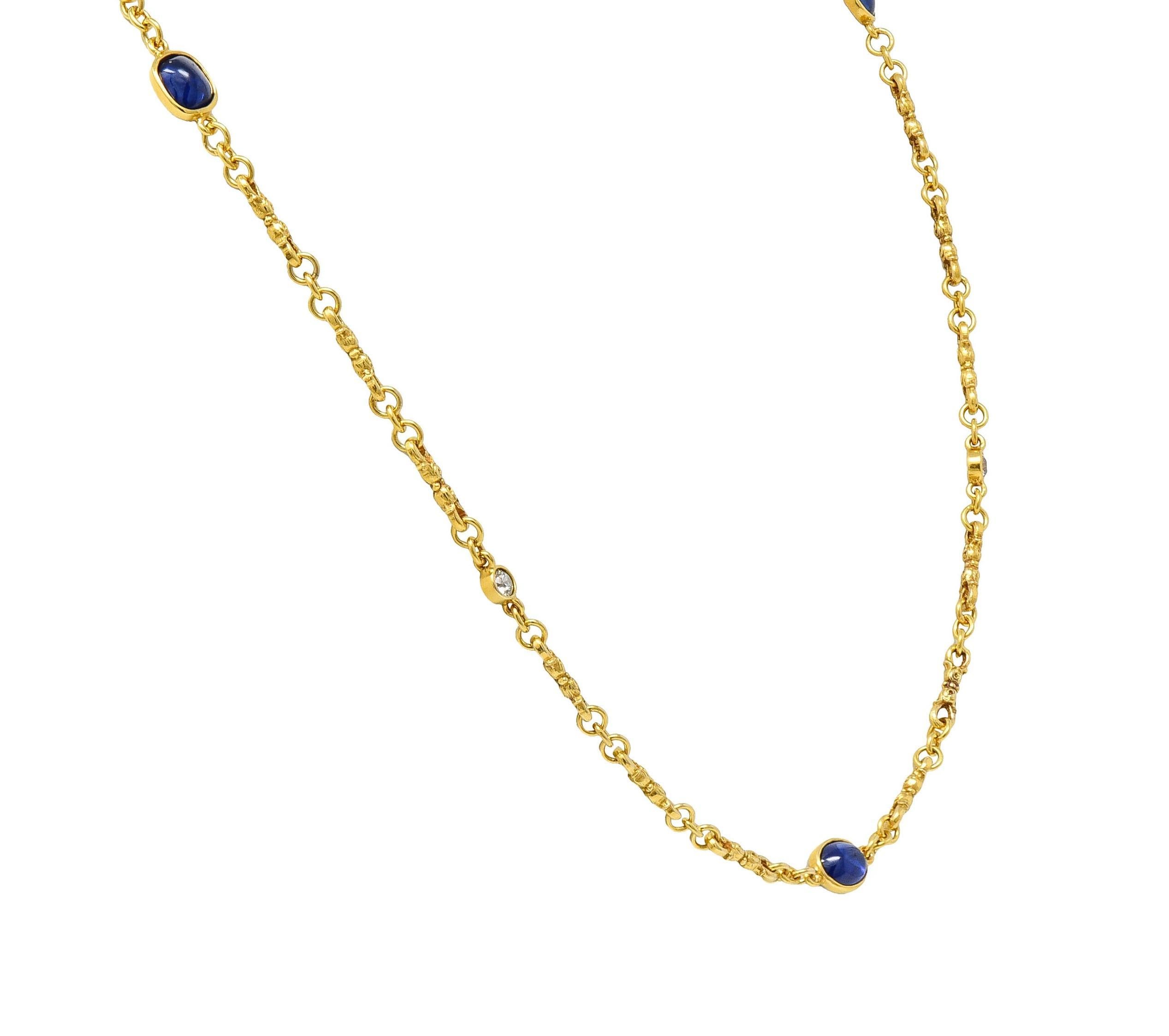 Women's or Men's Victorian 3.94 CTW Sapphire Diamond 18 Karat Yellow Gold Link Antique Necklace