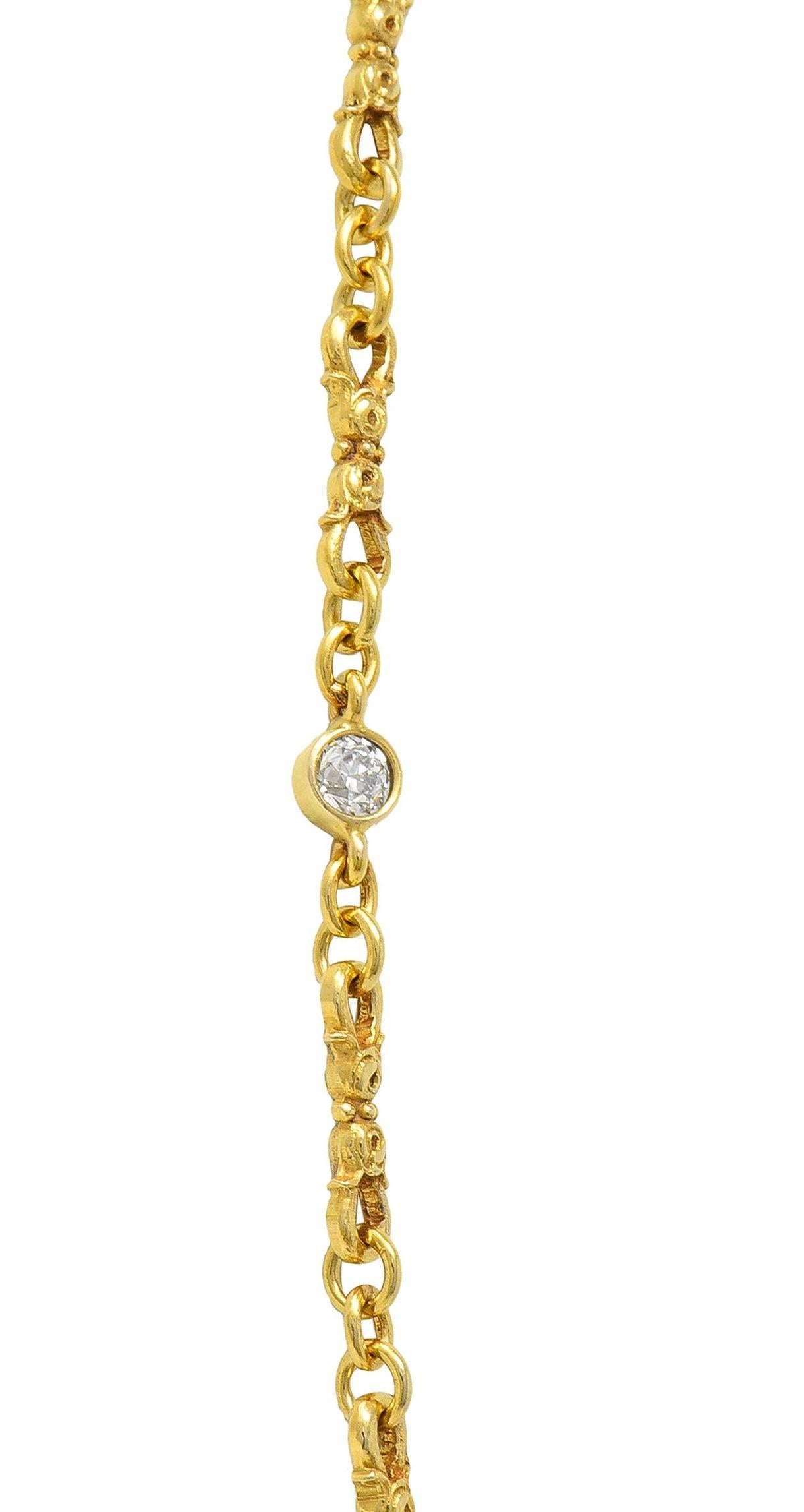 Victorian 3.94 CTW Sapphire Diamond 18 Karat Yellow Gold Link Antique Necklace 3