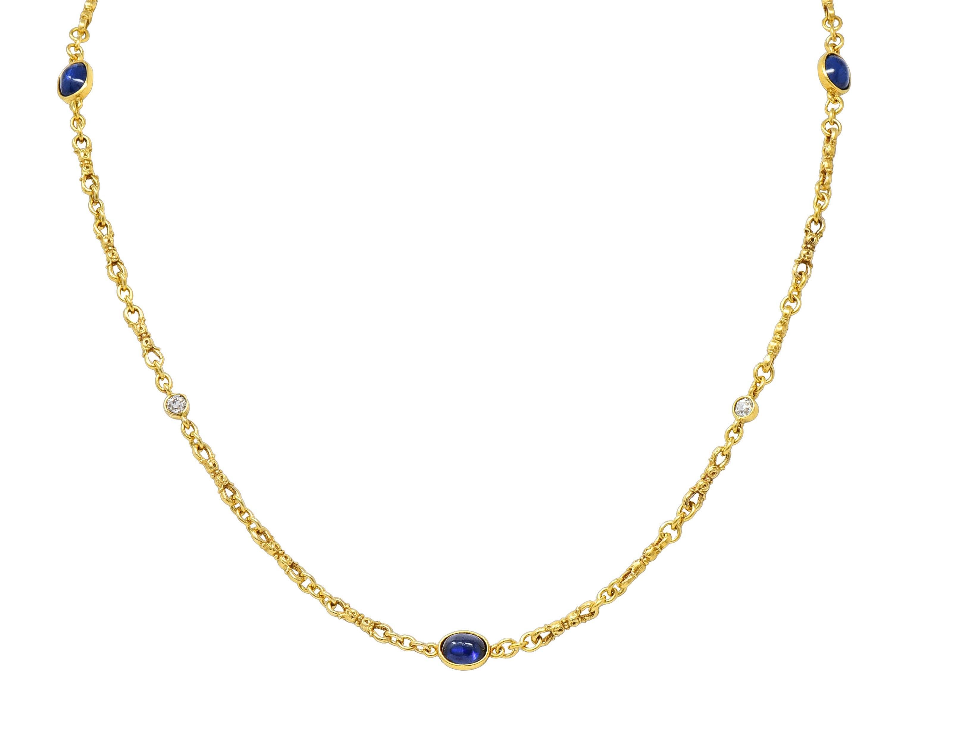 Victorian 3.94 CTW Sapphire Diamond 18 Karat Yellow Gold Link Antique Necklace 4