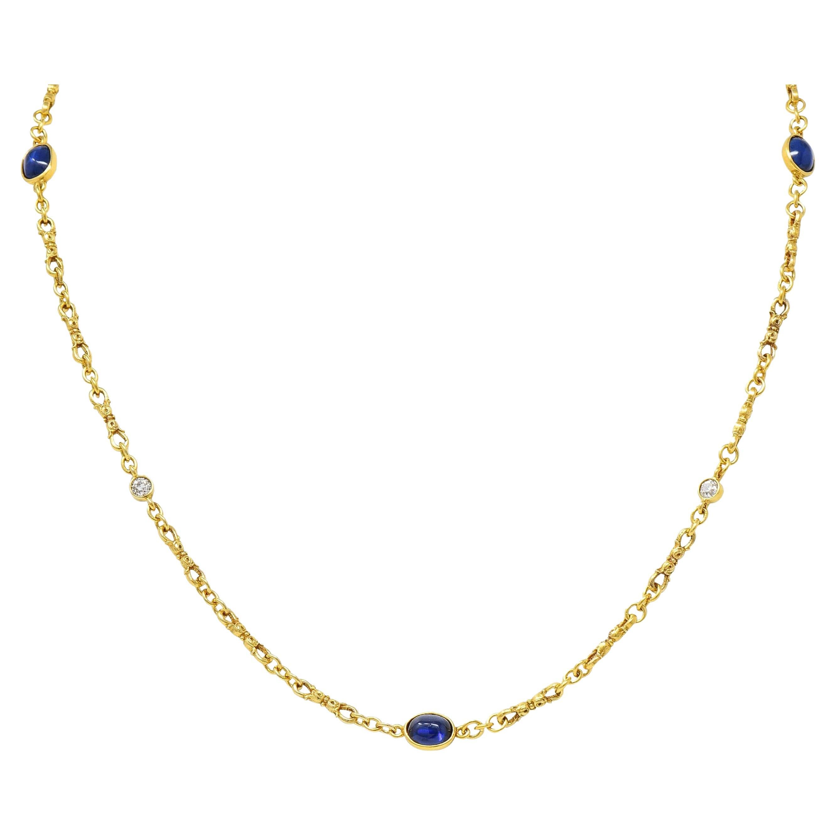 Victorian 3.94 CTW Sapphire Diamond 18 Karat Yellow Gold Link Antique Necklace