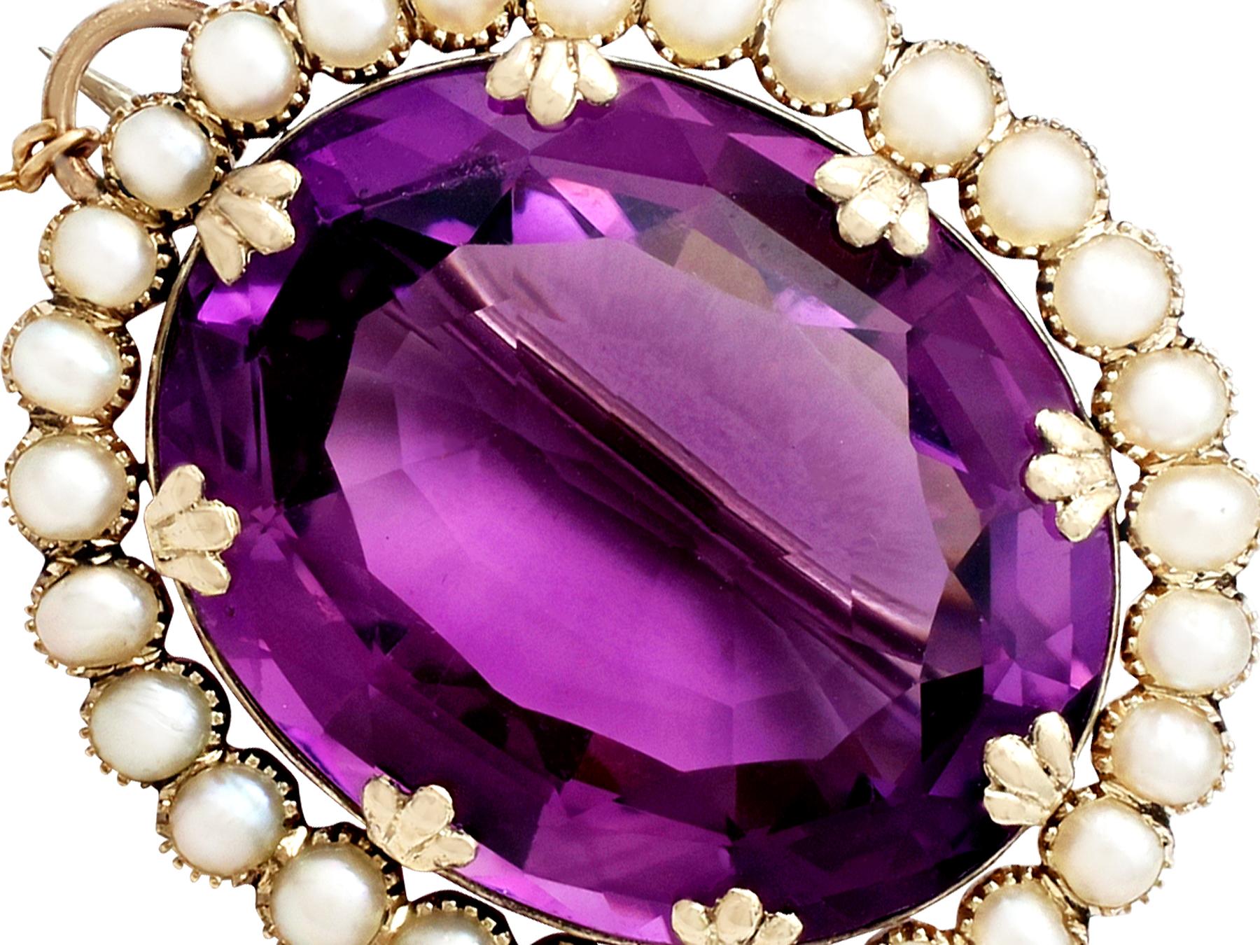 A stunning antique Victorian 39.69 carat amethyst and seed pearl, 10k yellow gold and silver set brooch; part of our diverse antique jewellery and estate jewelry collections.

This stunning, fine and impressive Victorian amethyst brooch has been