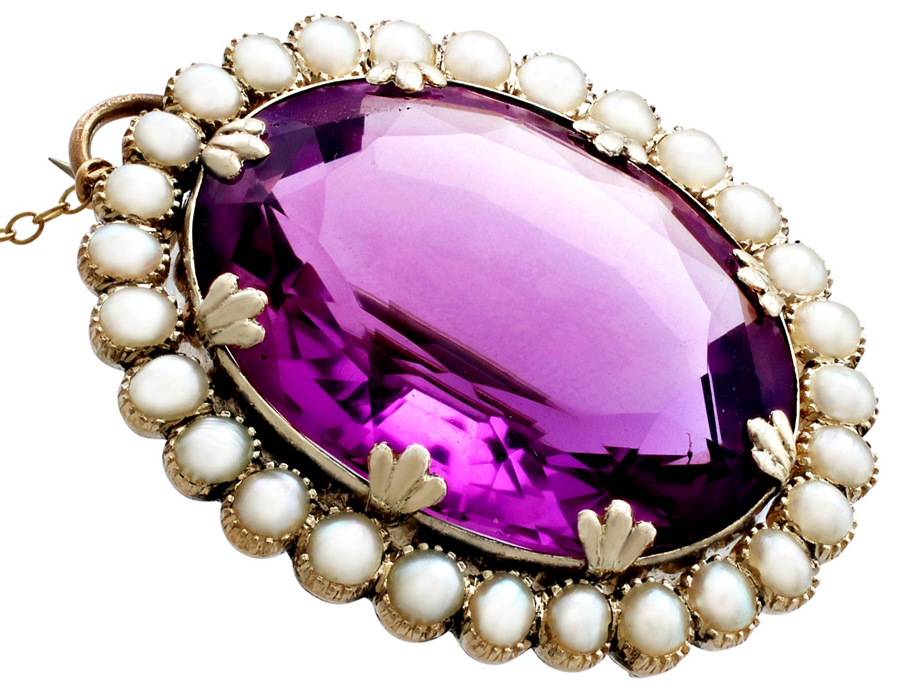 Victorian 39.69 Carat Amethyst and Seed Pearl Gold Brooch In Excellent Condition In Jesmond, Newcastle Upon Tyne