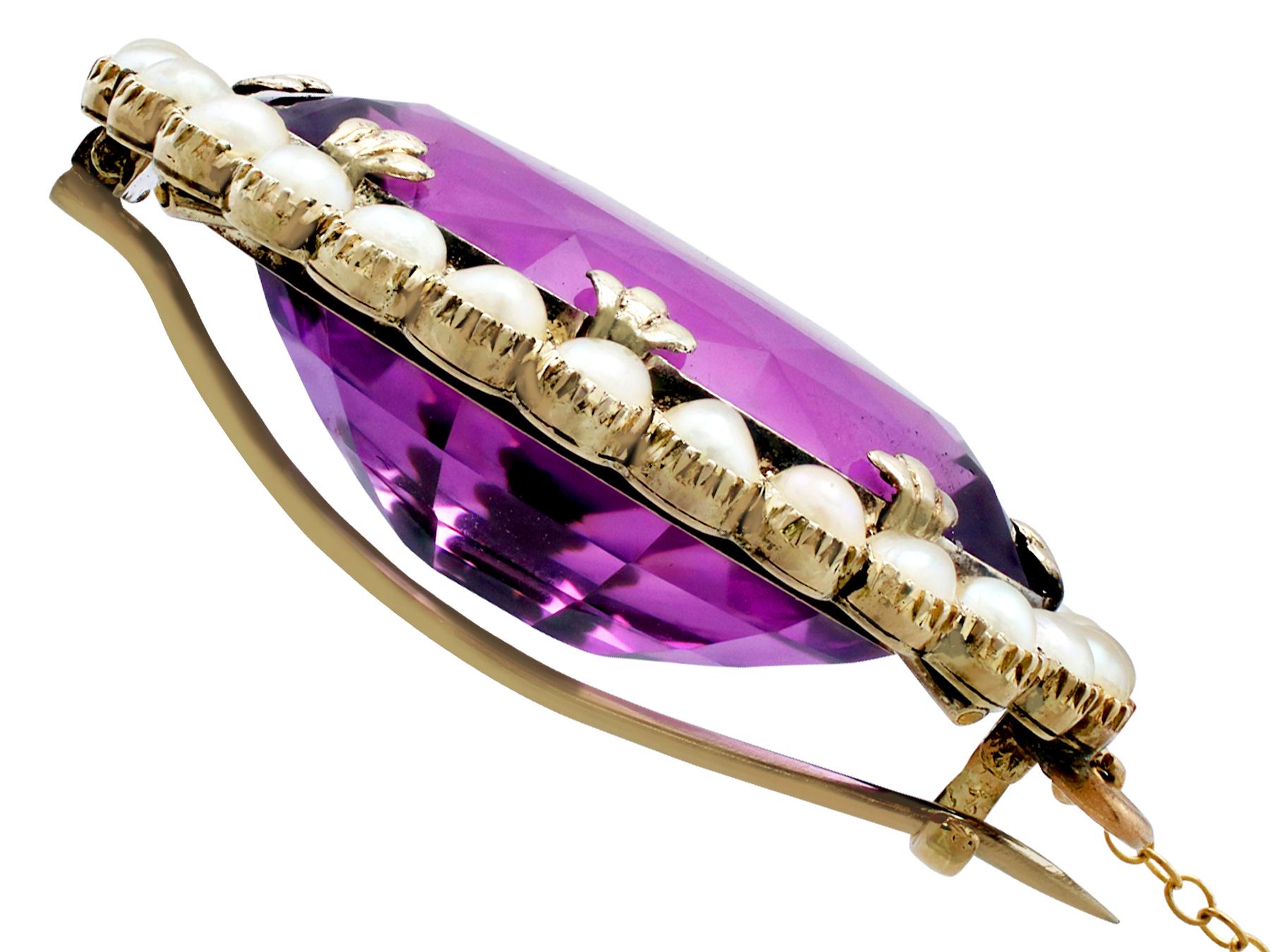 Women's Victorian 39.69 Carat Amethyst and Seed Pearl Gold Brooch