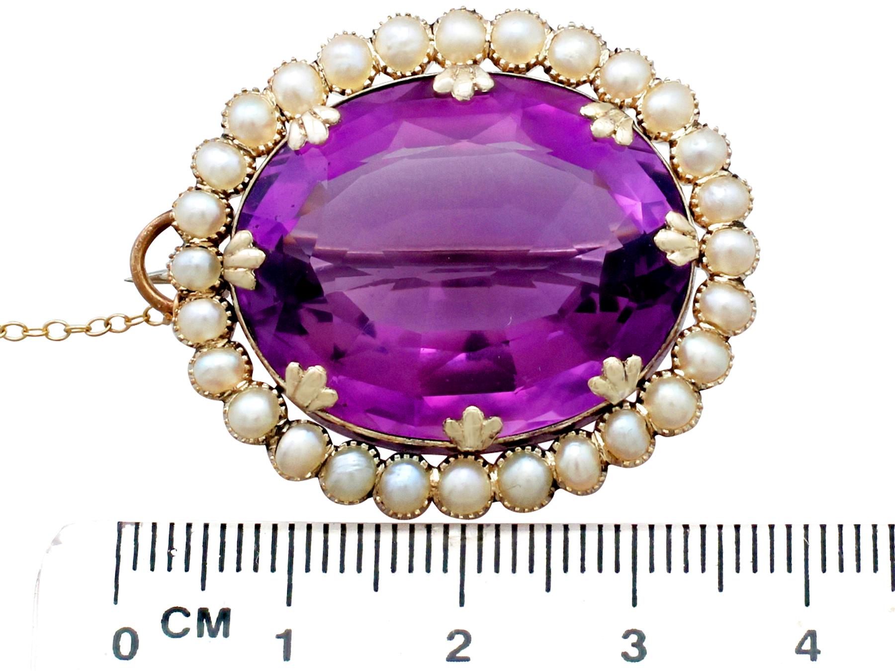 Victorian 39.69 Carat Amethyst and Seed Pearl Gold Brooch 3