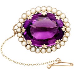 Victorian 39.69 Carat Amethyst and Seed Pearl Gold Brooch