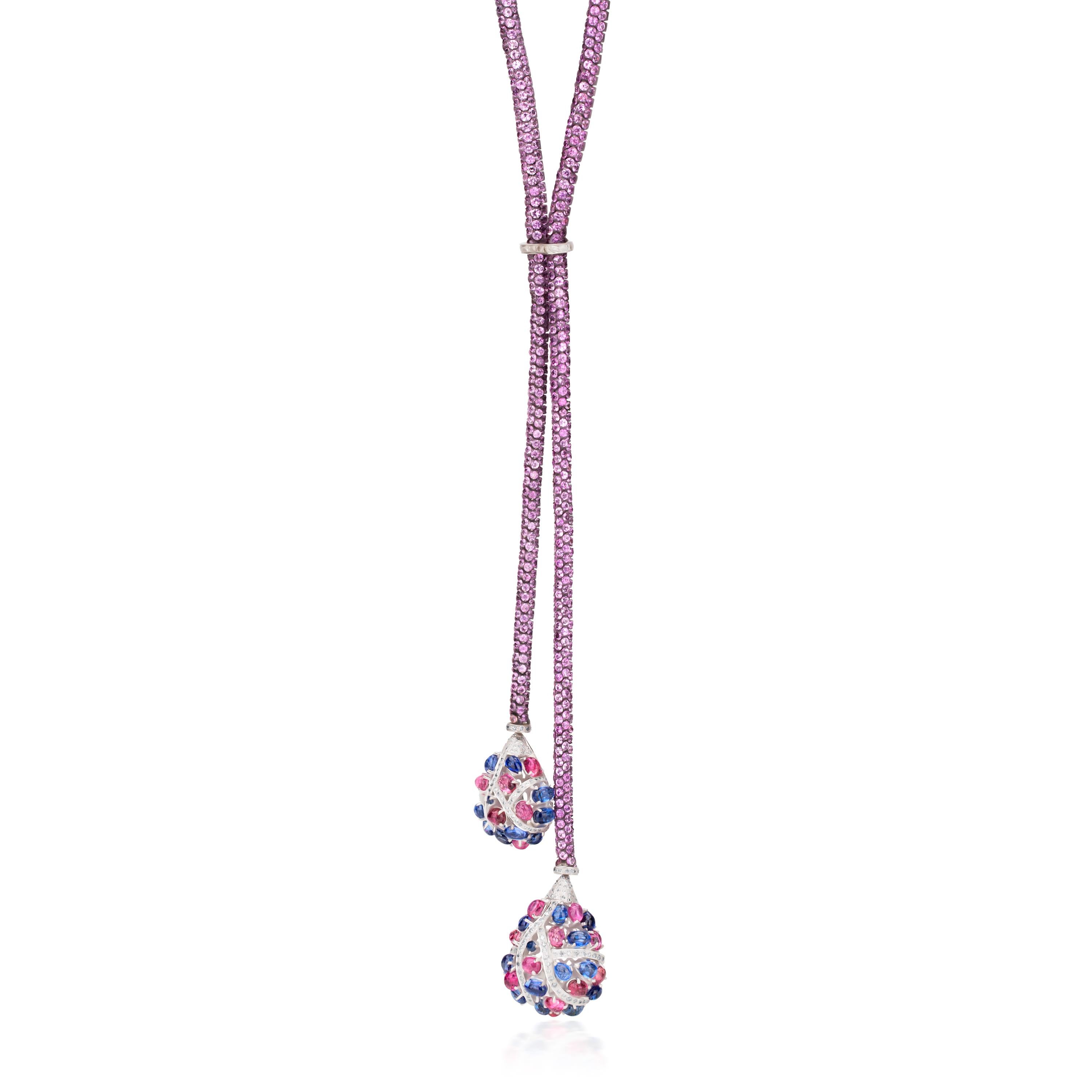 Oval Cut Victorian 39.98 Ct.T.W Pink Tourmaline, Kyanite & Diamond Lariat Drop Necklace For Sale