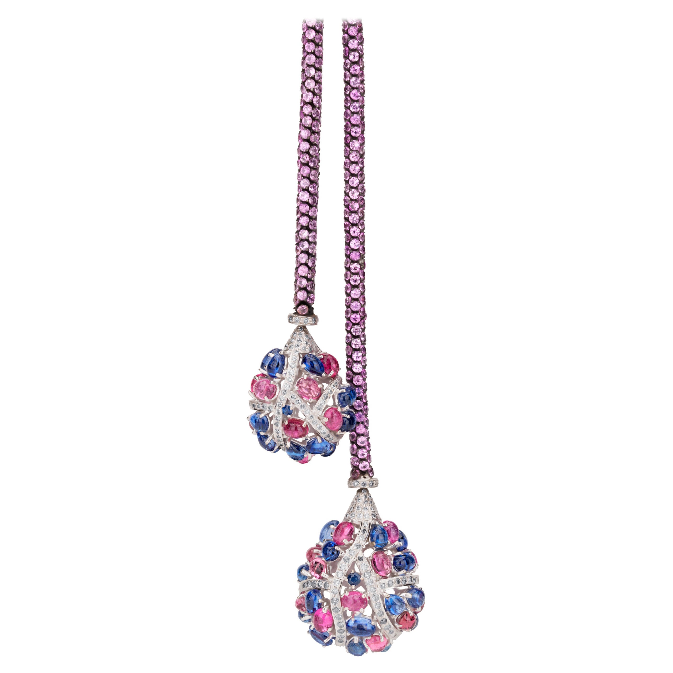 Victorian 39.98 Ct.T.W Pink Tourmaline, Kyanite & Diamond Lariat Drop Necklace For Sale