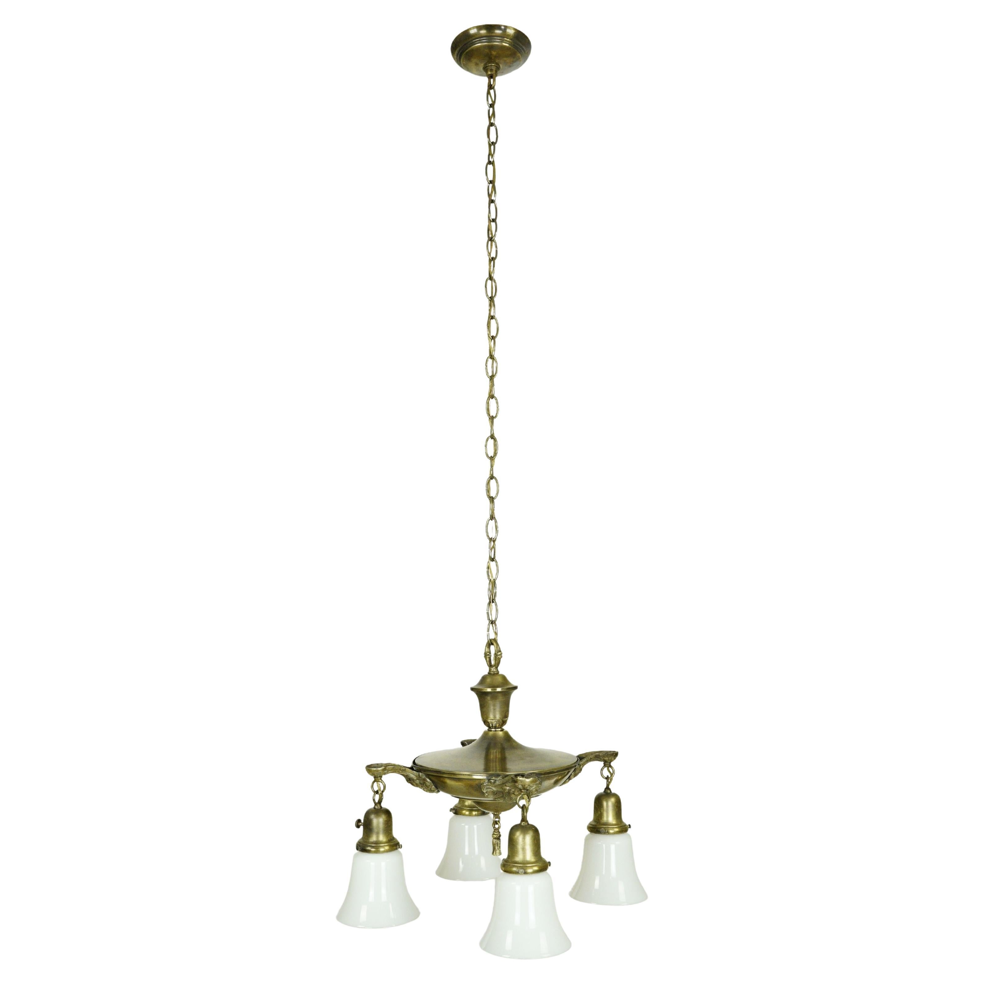 Victorian 4 Arm White Glass Shade Brass Pan Chandelier