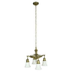 Victorian 4 Arm White Glass Shade Brass Pan Chandelier