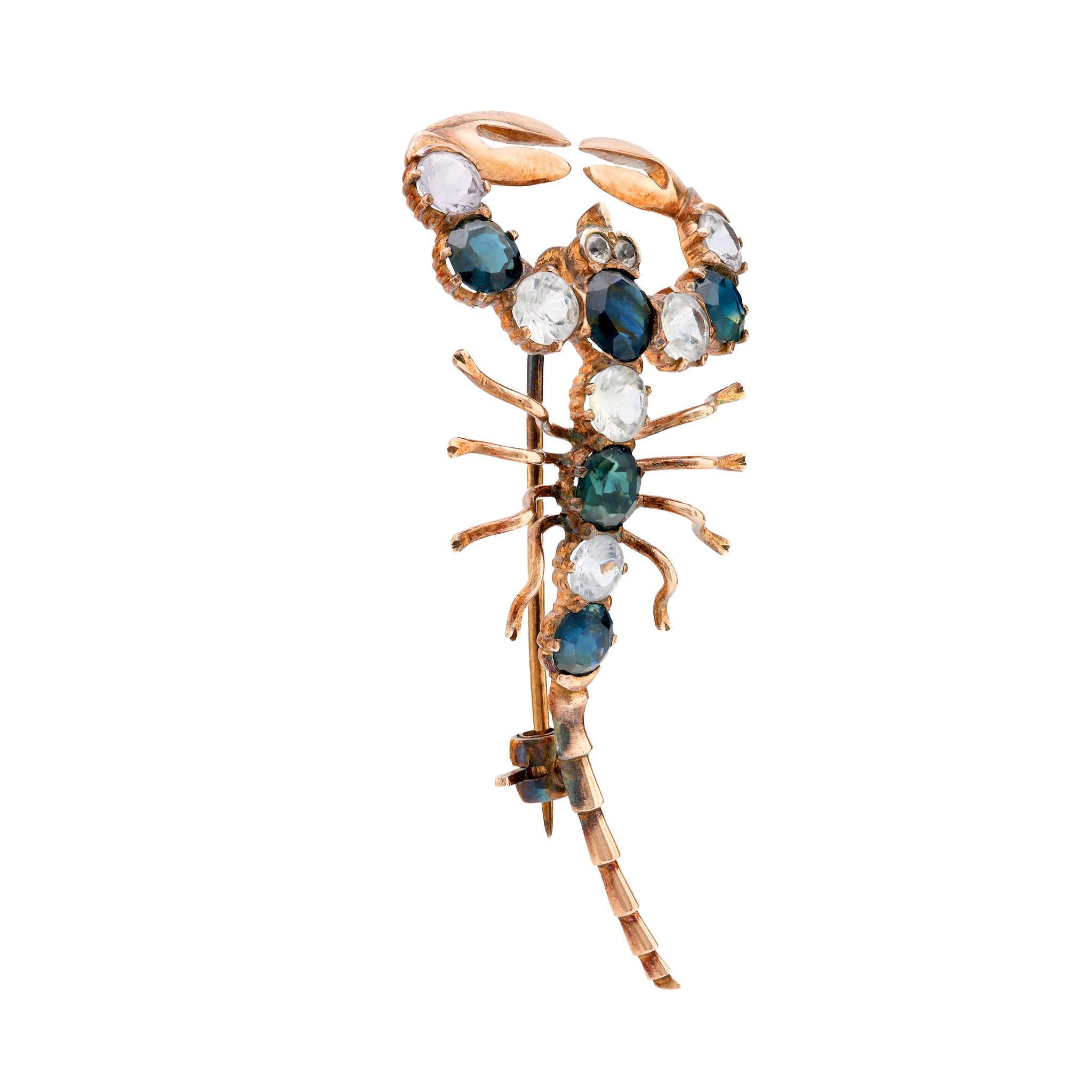 Brilliant Cut Victorian 4 carat blue and white sapphire 10k rose gold scorpion brooch