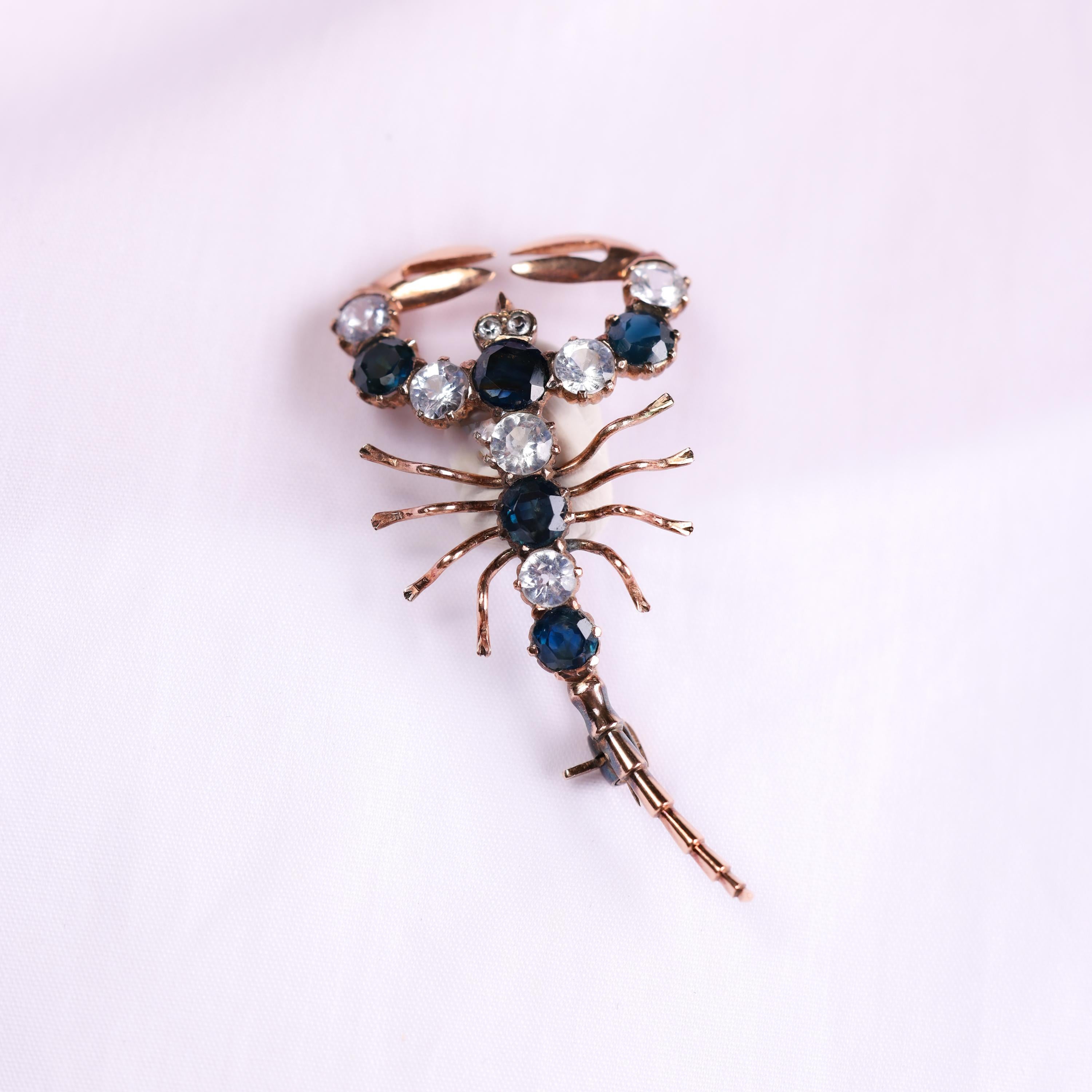Victorian 4 carat blue and white sapphire 10k rose gold scorpion brooch In Excellent Condition In Beverly Hills, CA