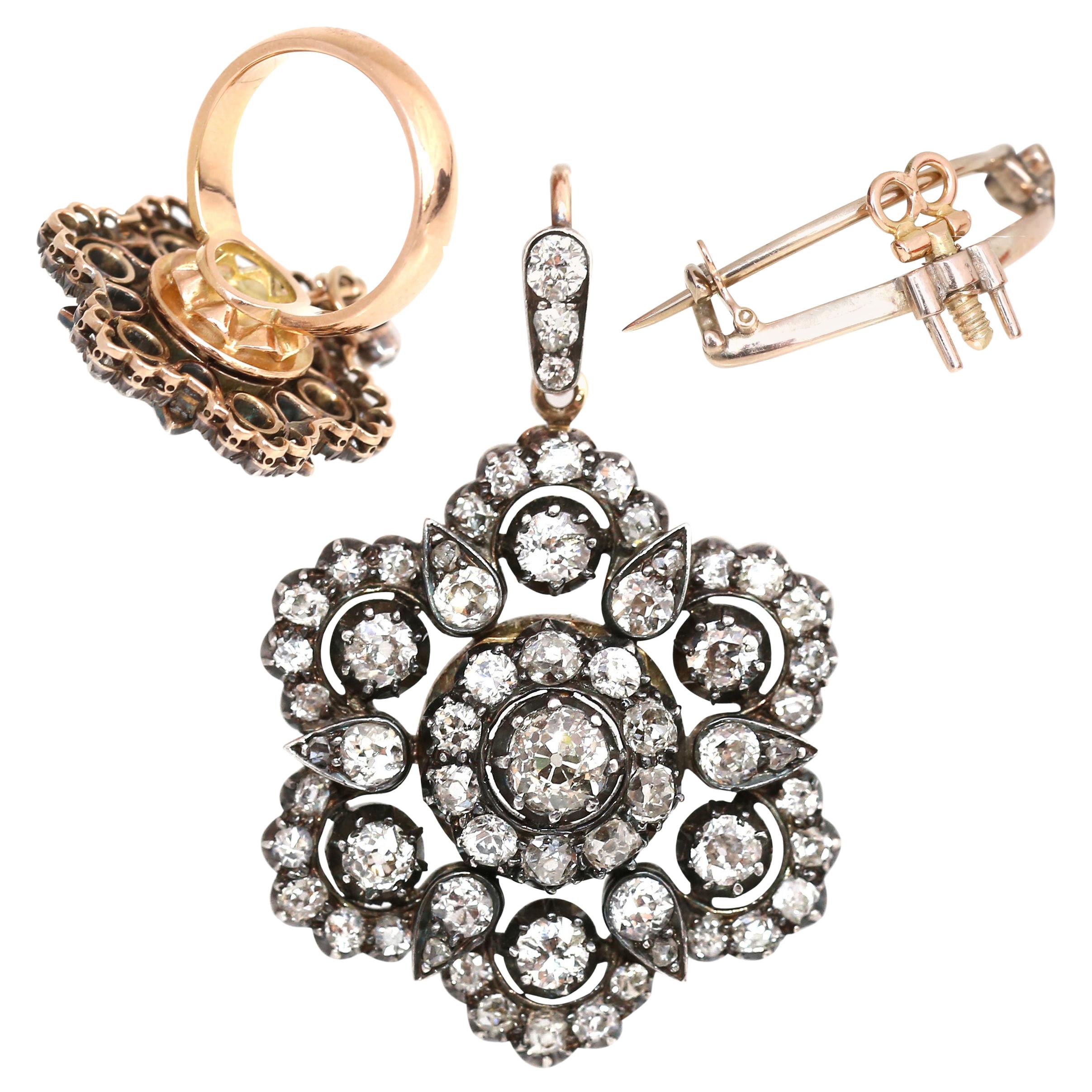 Transformable Victorian Ring into the Pendant to the Brooch. The rare item almost 4 ct old-mine diamonds. 1880.
Just imagine that in one piece of jewelry you get a cocktail ring for the evening party, a pin brooch for the concert and a fine pendant