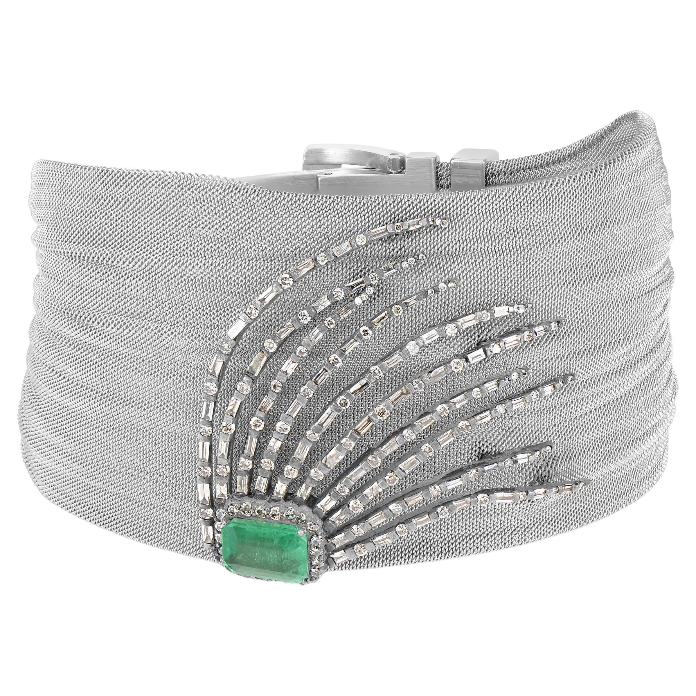 Victorian 4 Cttw. Emerald and Diamond Retro Bracelet  For Sale