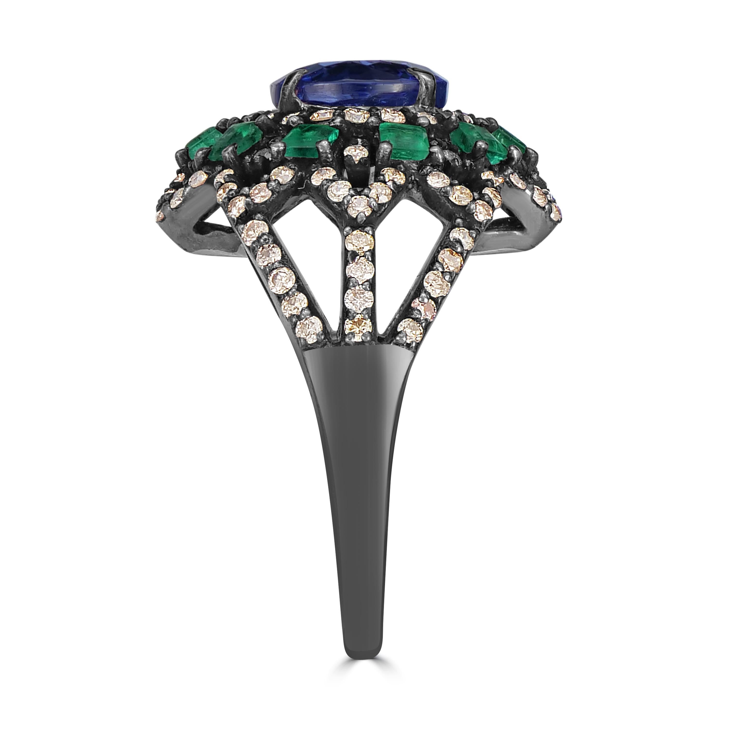 Round Cut Victorian 4 Cttw. Tanzanite, Emerald and Diamond Split Shank Cocktail Ring For Sale