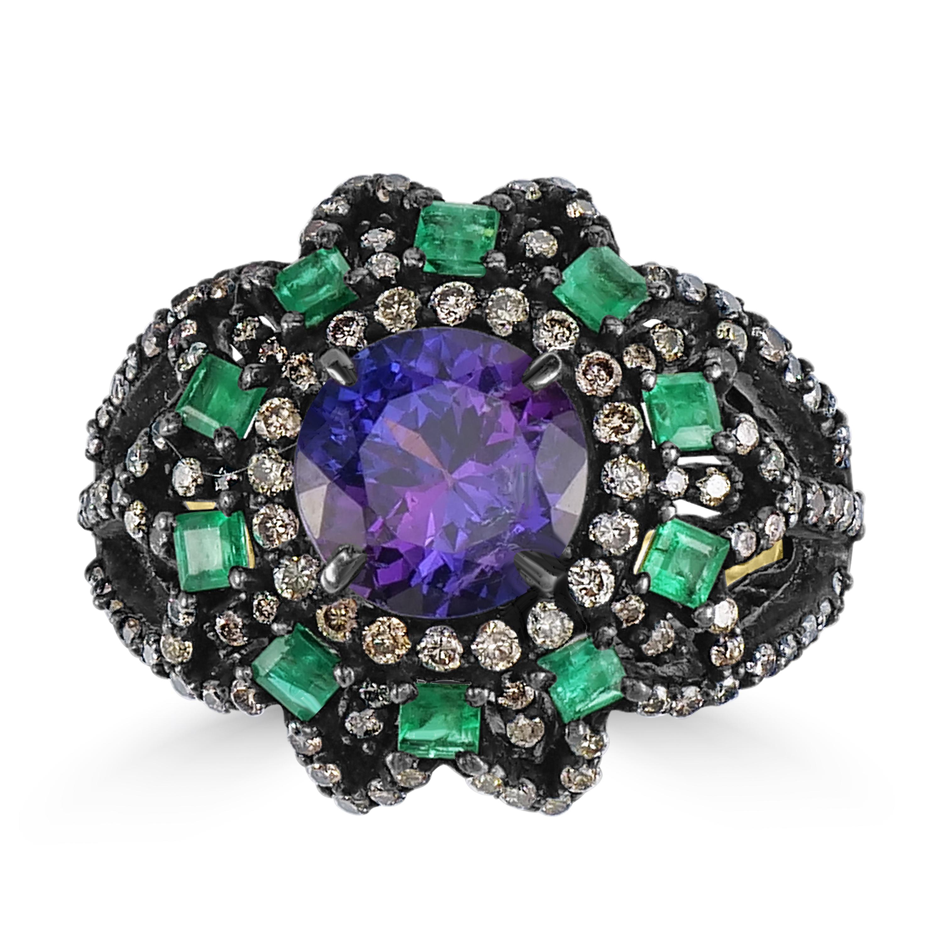 Victorian 4 Cttw. Tanzanite, Emerald and Diamond Split Shank Cocktail Ring In New Condition For Sale In New York, NY