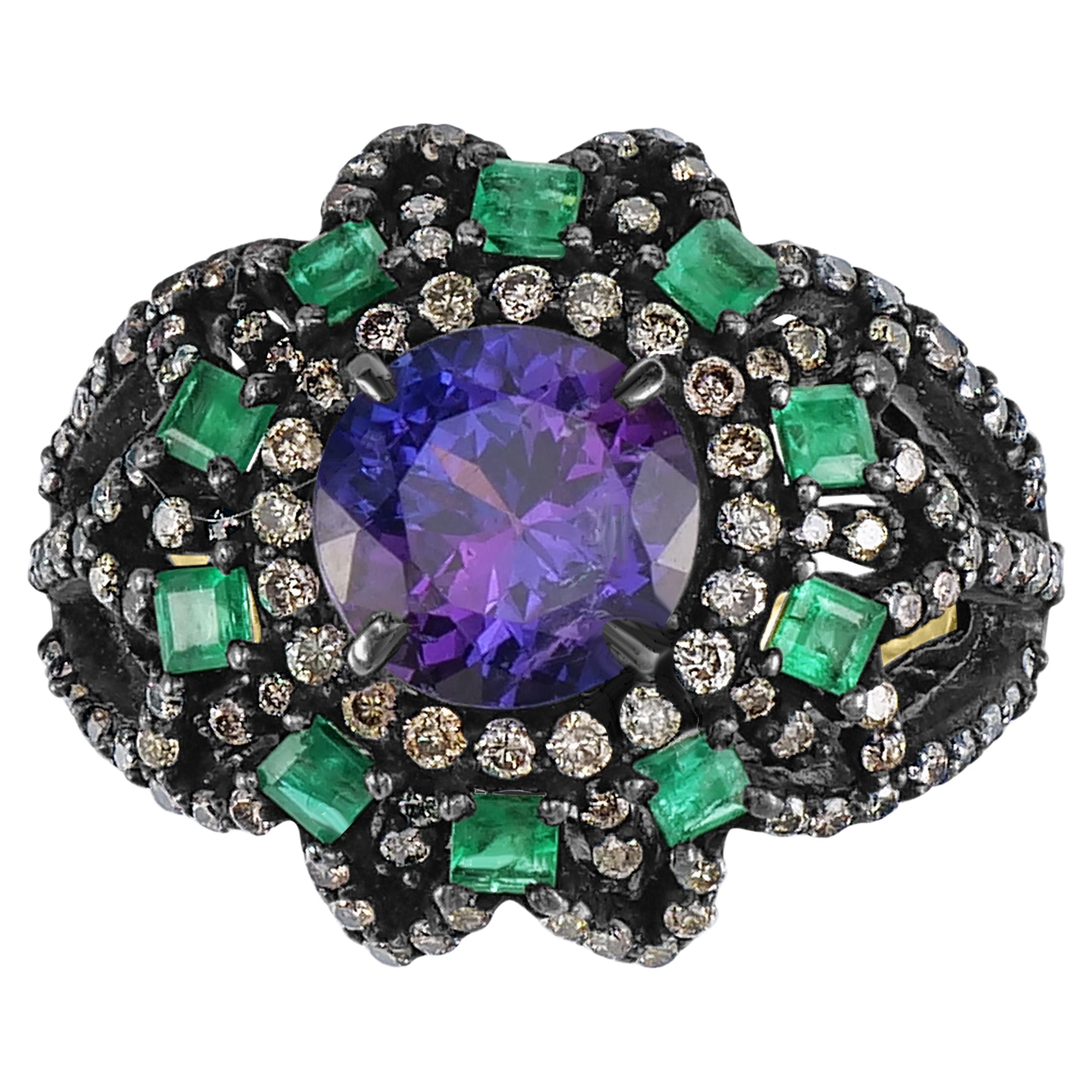 Anillo victoriano de tanzanita, esmeralda y diamante de 4,15 qt talla 7 en 18K/SS