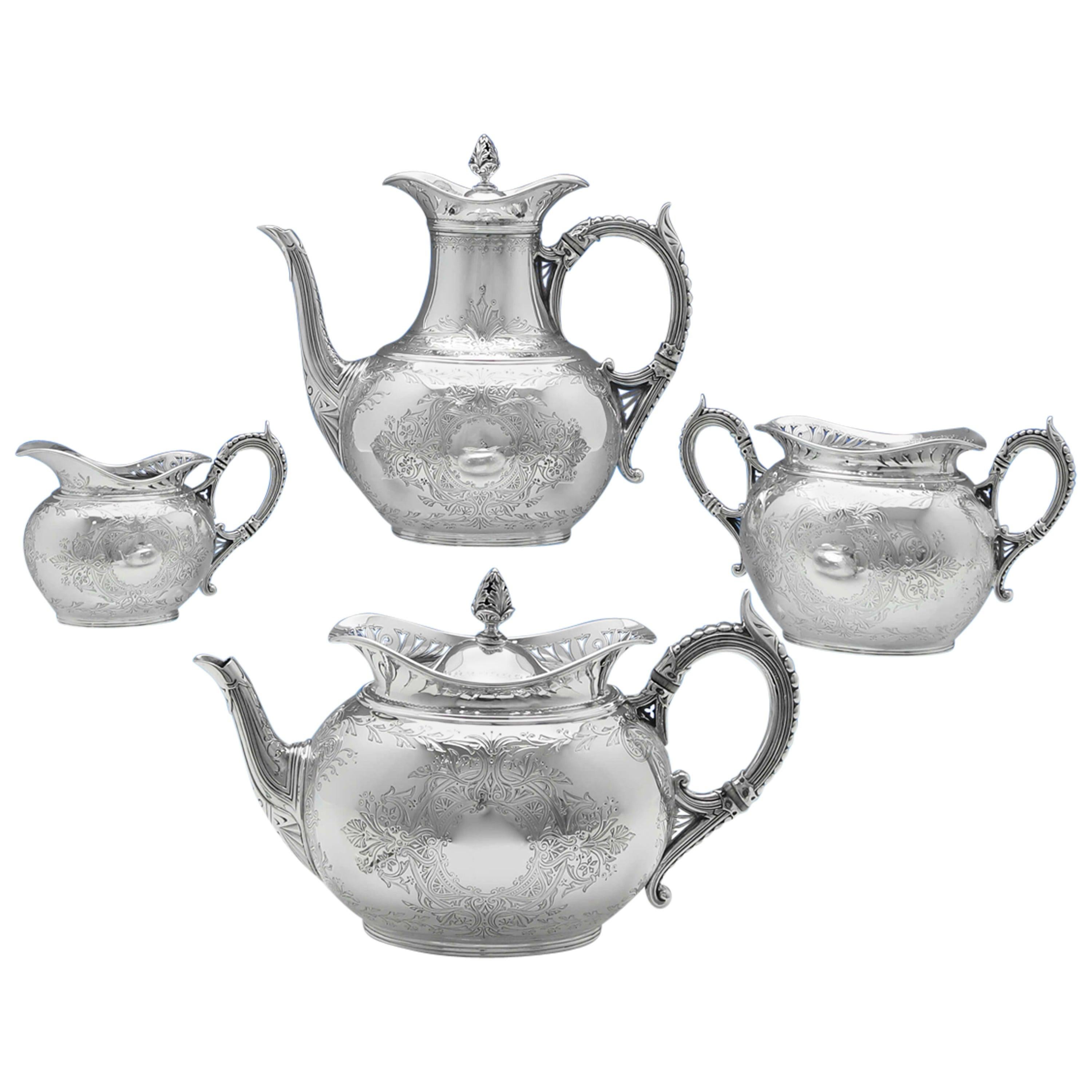 Victorian 4-Piece Antique Sterling Silver Tea Set by Elkington, London, 1888