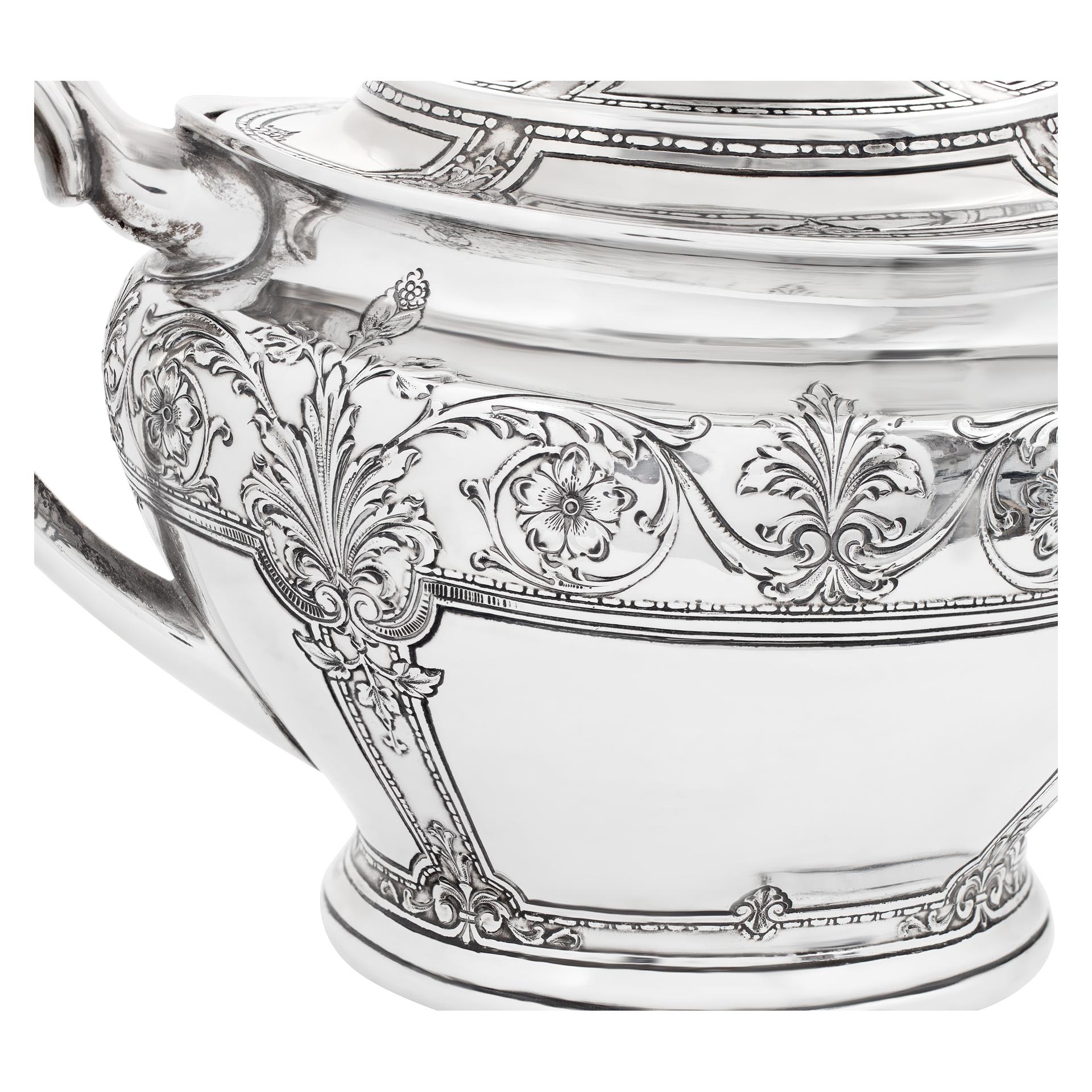 Charming Victorian 4 pieces tea/coffee sterling silver set, by the Lebkuecher & Co Sterling Silver Company from Newark, New Jersey (in businesss from 1896 to 1909) - Over 1556 grams sterling silver (over 50 troy ounces).4 pieces sterling silver tea