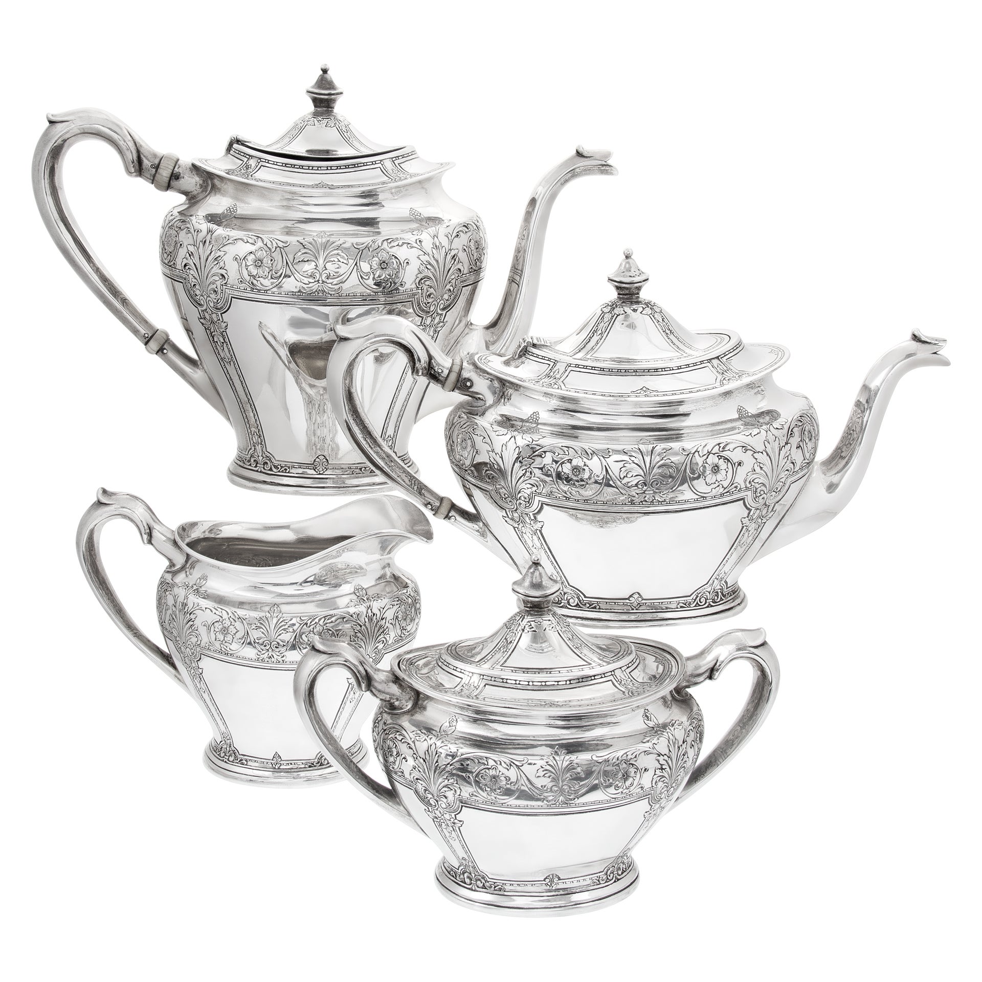Victorian 4 Pieces Tea/Coffee Sterling Silver Set, by the Lebkuecher & Co For Sale