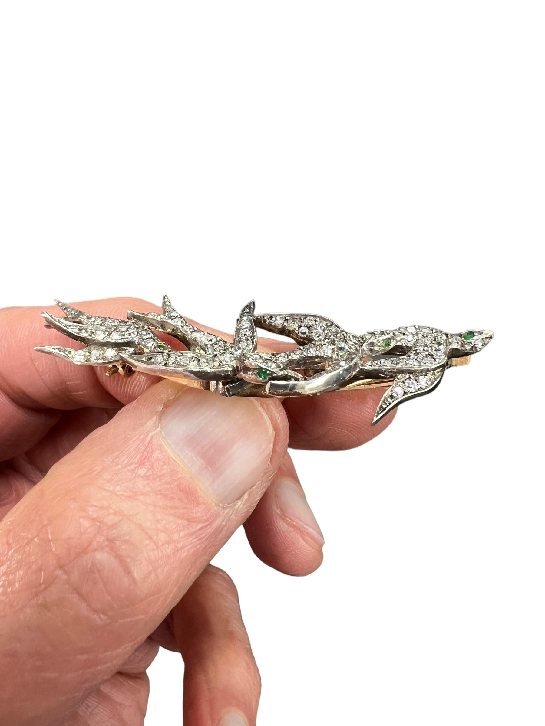 Spilla vittoriana con diamante a 4 rondini in argento e oro, circa 1890 In condizioni buone in vendita a Los Angeles, CA