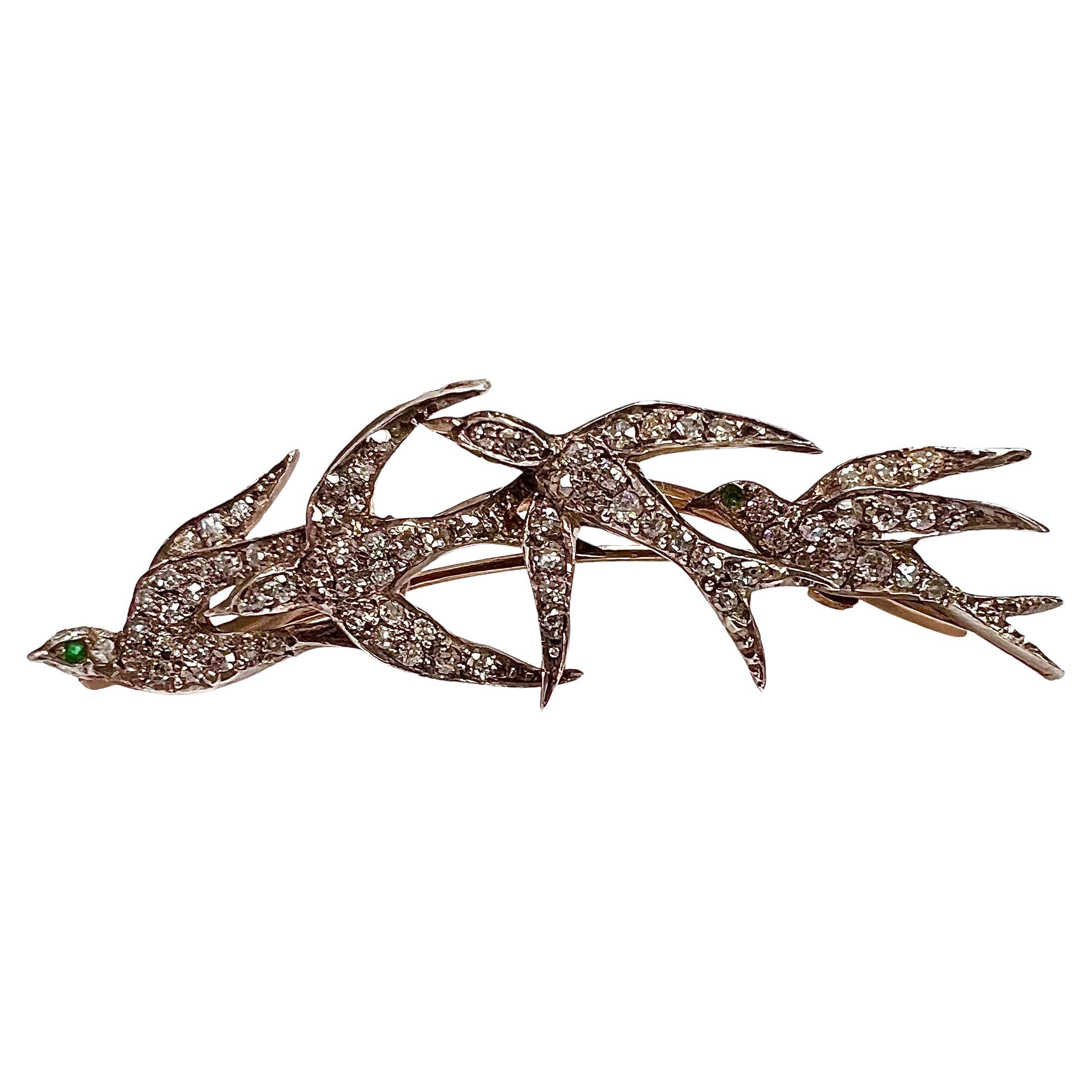 Victorian Diamond 4 Swallow Bird Silver On Gold Brooch Circa 1890