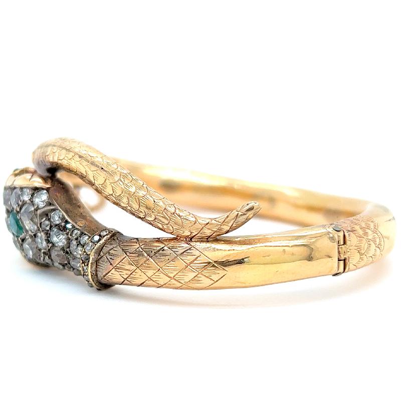 Women's or Men's Victorian 4.00 Carats Diamonds Emerald 14 Karat Yellow Gold Snake Bracelet
