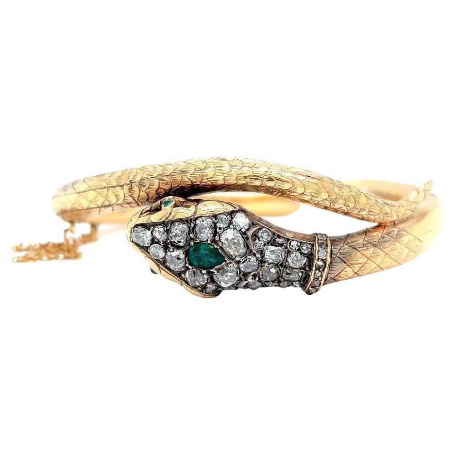 Victorian 4.00 Carats Diamonds Emerald 14 Karat Yellow Gold Snake Bracelet