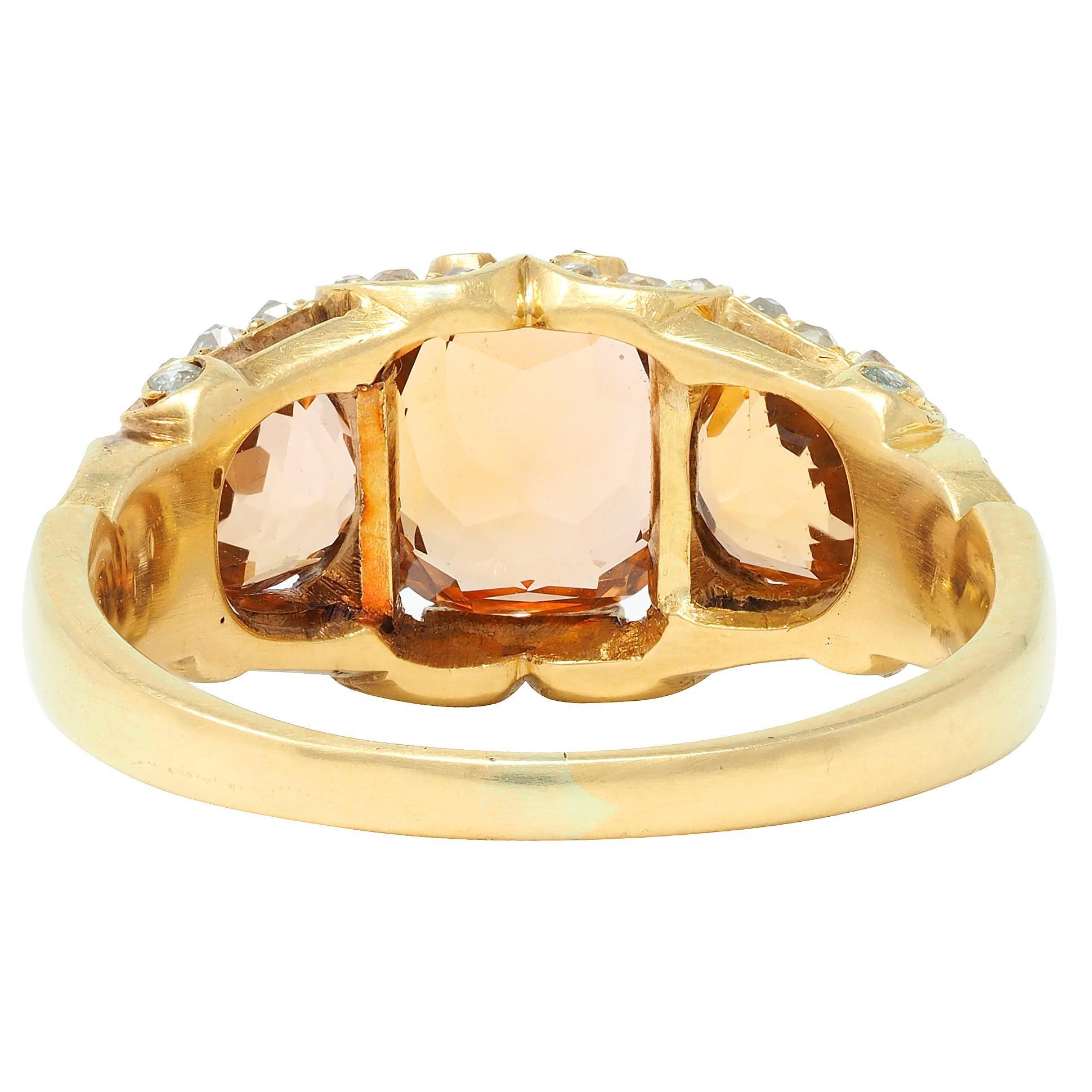 Women's or Men's Victorian 4.00 CTW Topaz Diamond 18 Karat Gold Scroll Antique Three Stone Ring