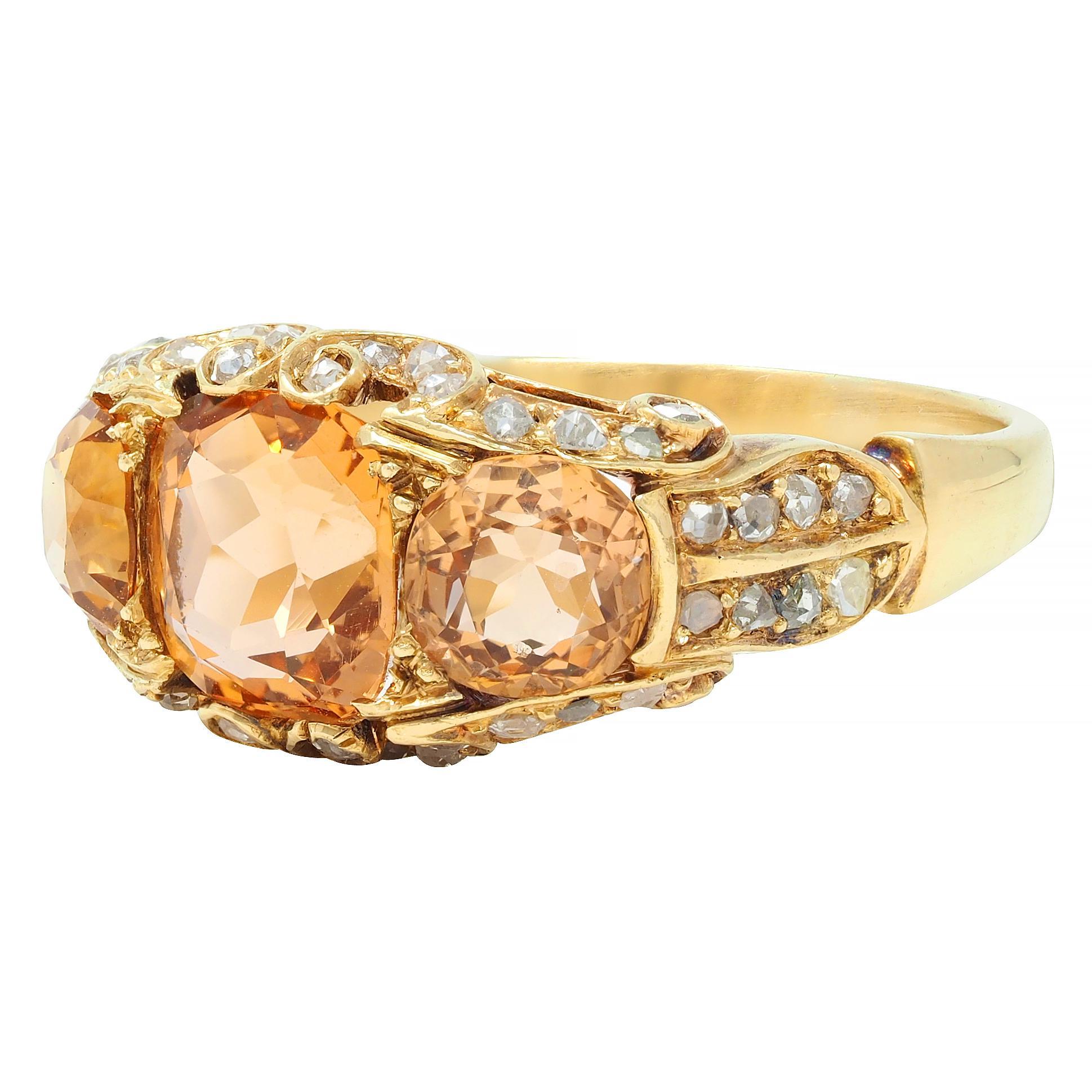 Antiker viktorianischer Ring mit drei Steinen, 4,00 Karat Topas Diamant 18 Karat Gold Schnörkel 1