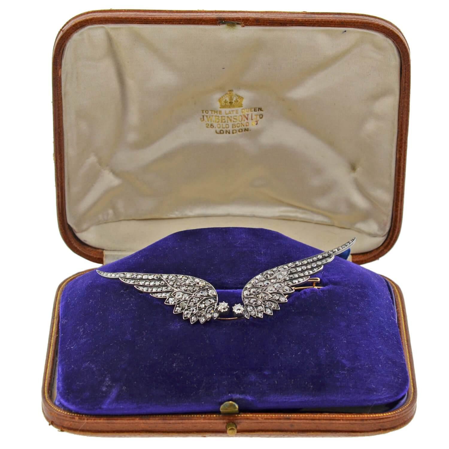 Women's Victorian 4.00 Total Carat Diamond Tremblé Wings Tiara and Pin in Original Box For Sale