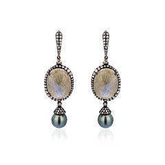 Pendientes Colgantes Victorianos de Perla, Labradorita y Diamante de 40,08 qt en 18K/SS