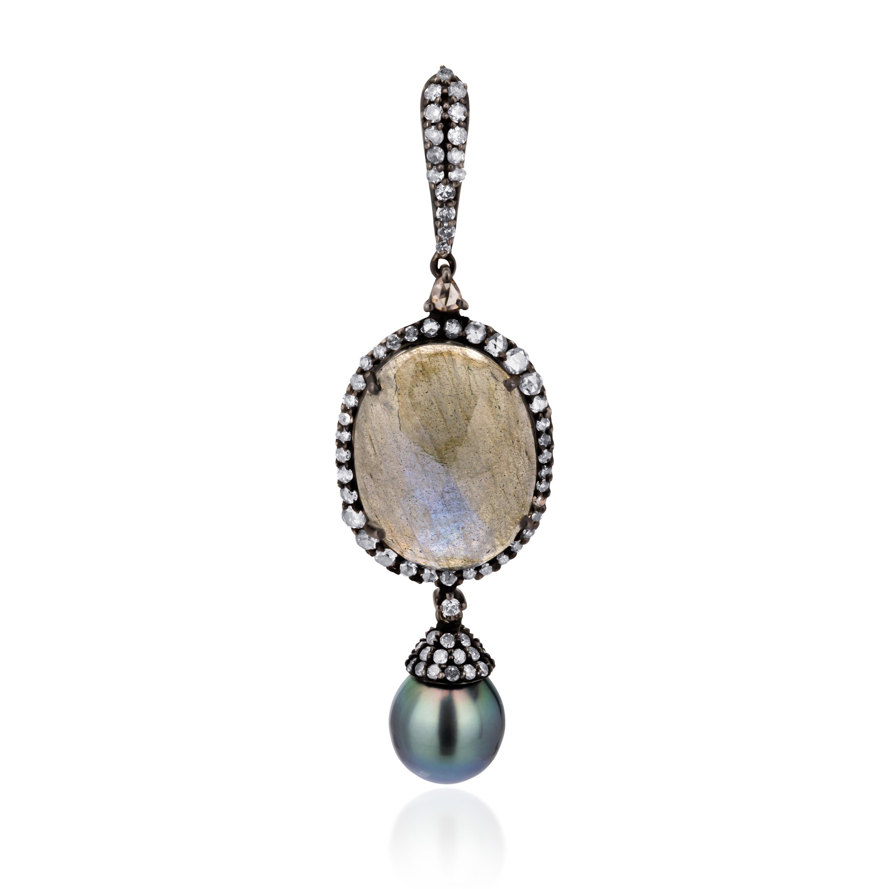 Victorian 40.08 Carat T.W Pearl, Labradorite & Diamond Dangle Earrings In New Condition For Sale In New York, NY
