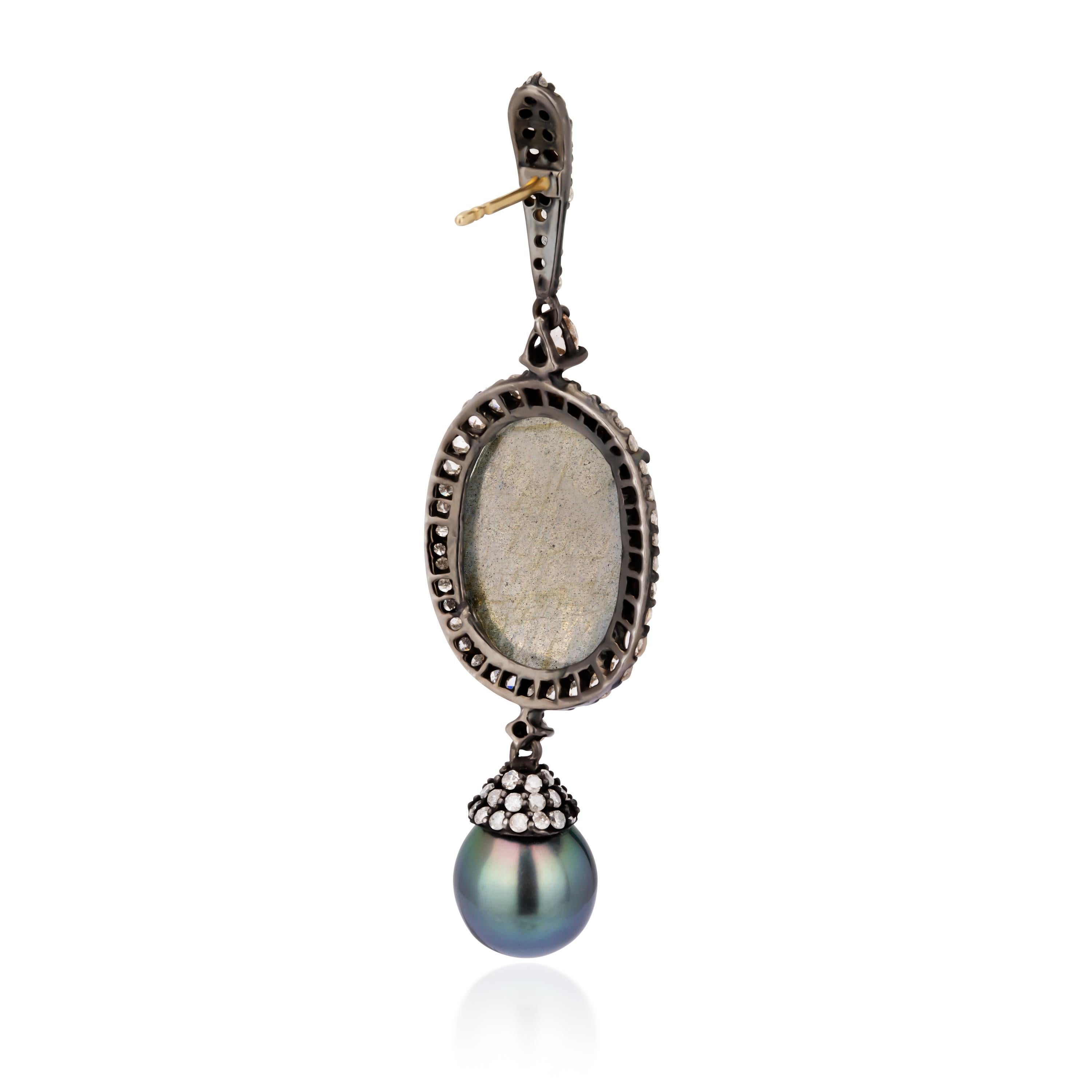 Women's Victorian 40.08 Carat T.W Pearl, Labradorite & Diamond Dangle Earrings For Sale