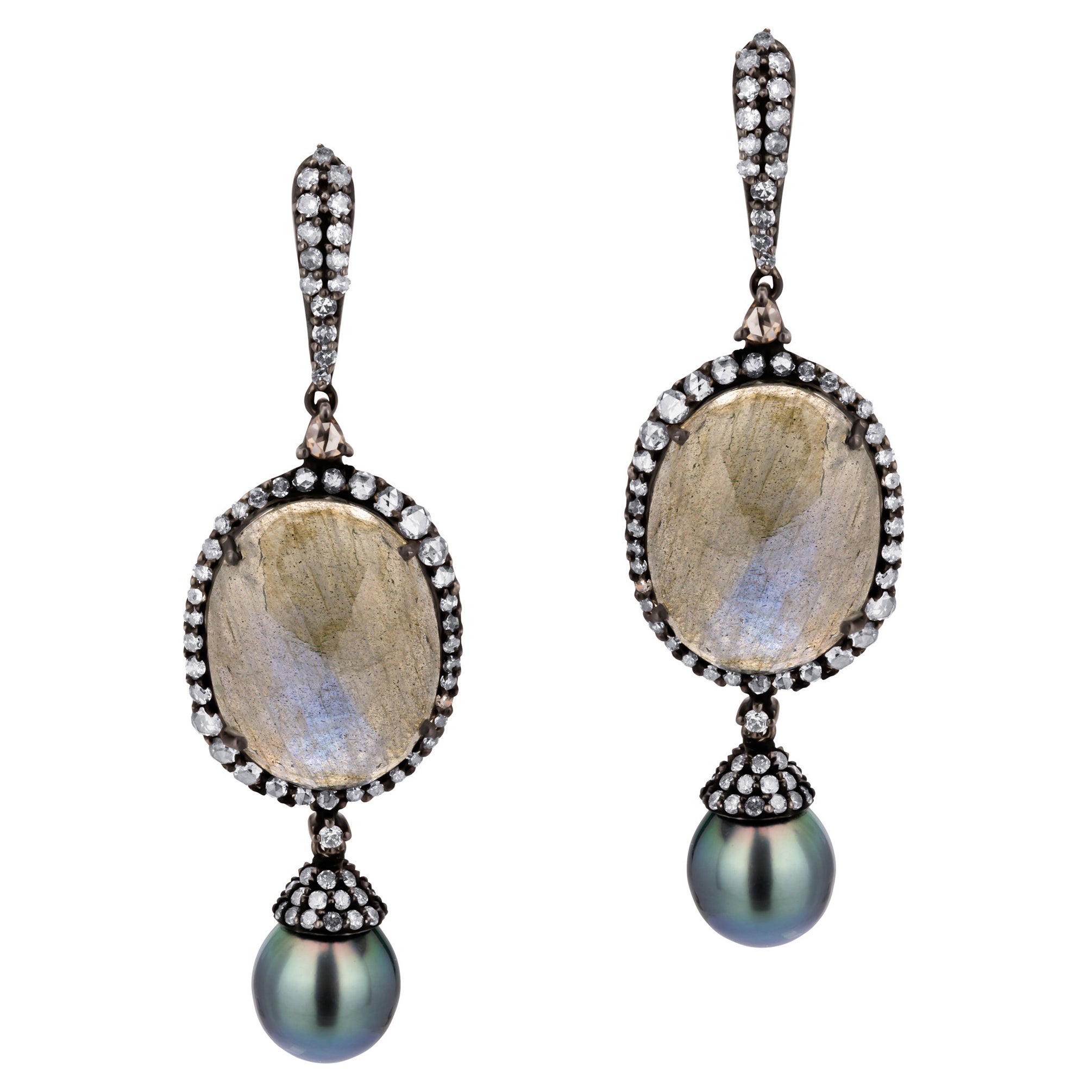 Victorian 40.08 Carat T.W Pearl, Labradorite & Diamond Dangle Earrings For Sale