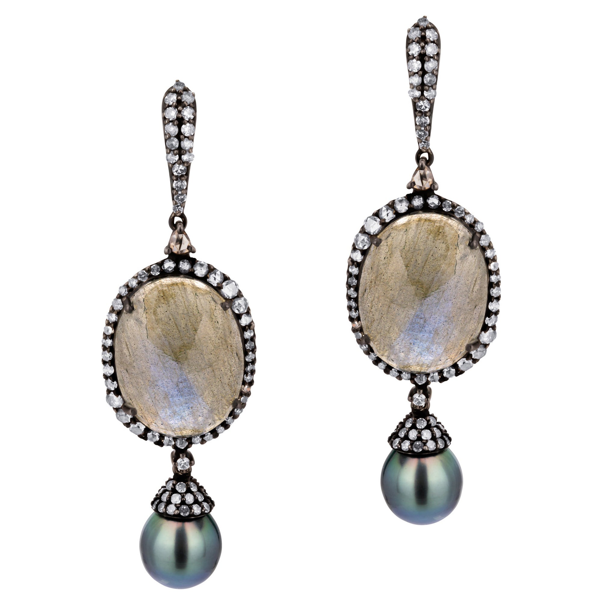 Victorian 40.08 Cttw Pearl, Labradorite & Diamond Dangle Earrings In 18K/SS For Sale