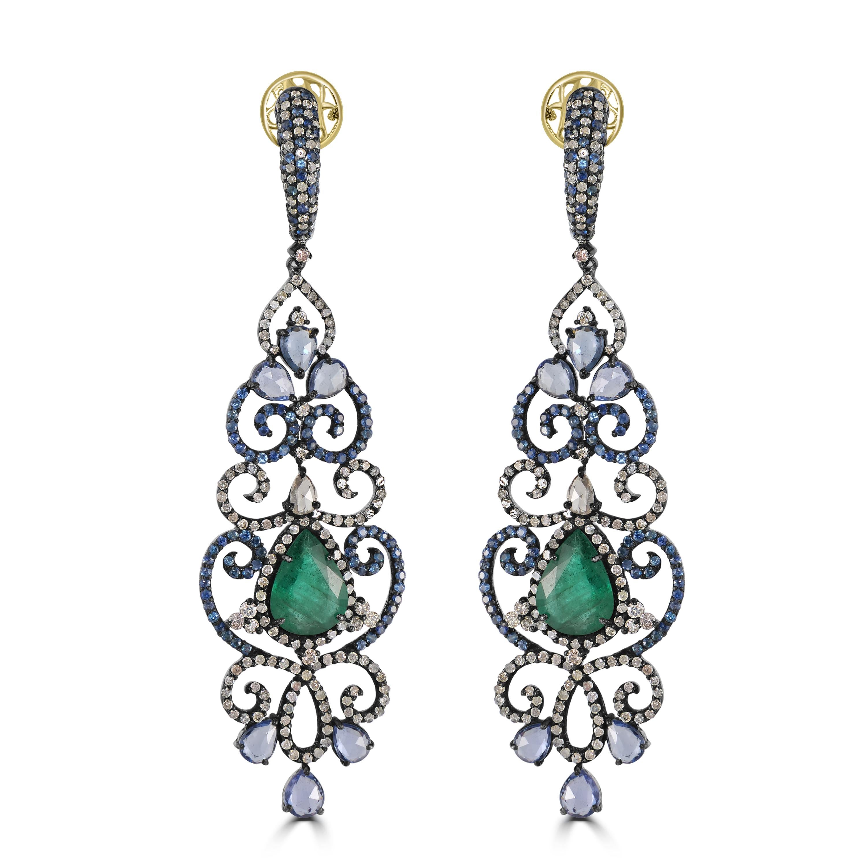Victorian .4.05 Cttw. Emerald, Blue Sapphire and Diamond Chandlier Earrings   In New Condition For Sale In New York, NY