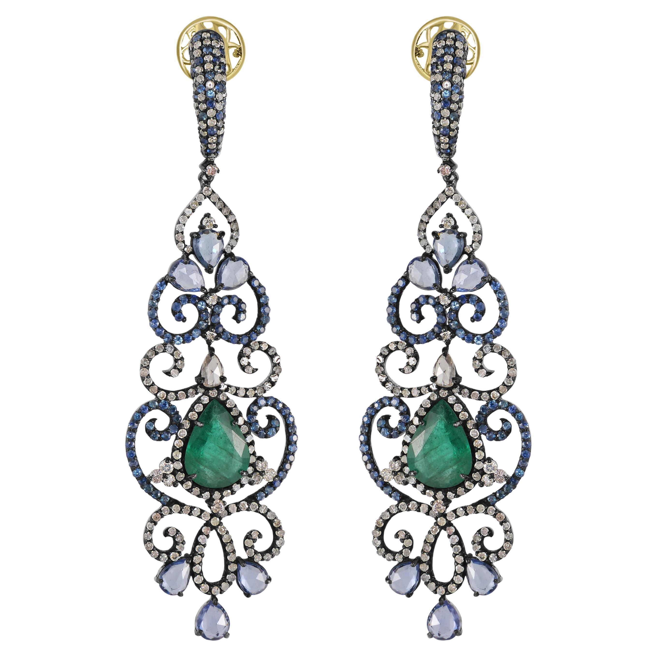 Victorian .4.05 Cttw. Emerald, Blue Sapphire and Diamond Chandlier Earrings