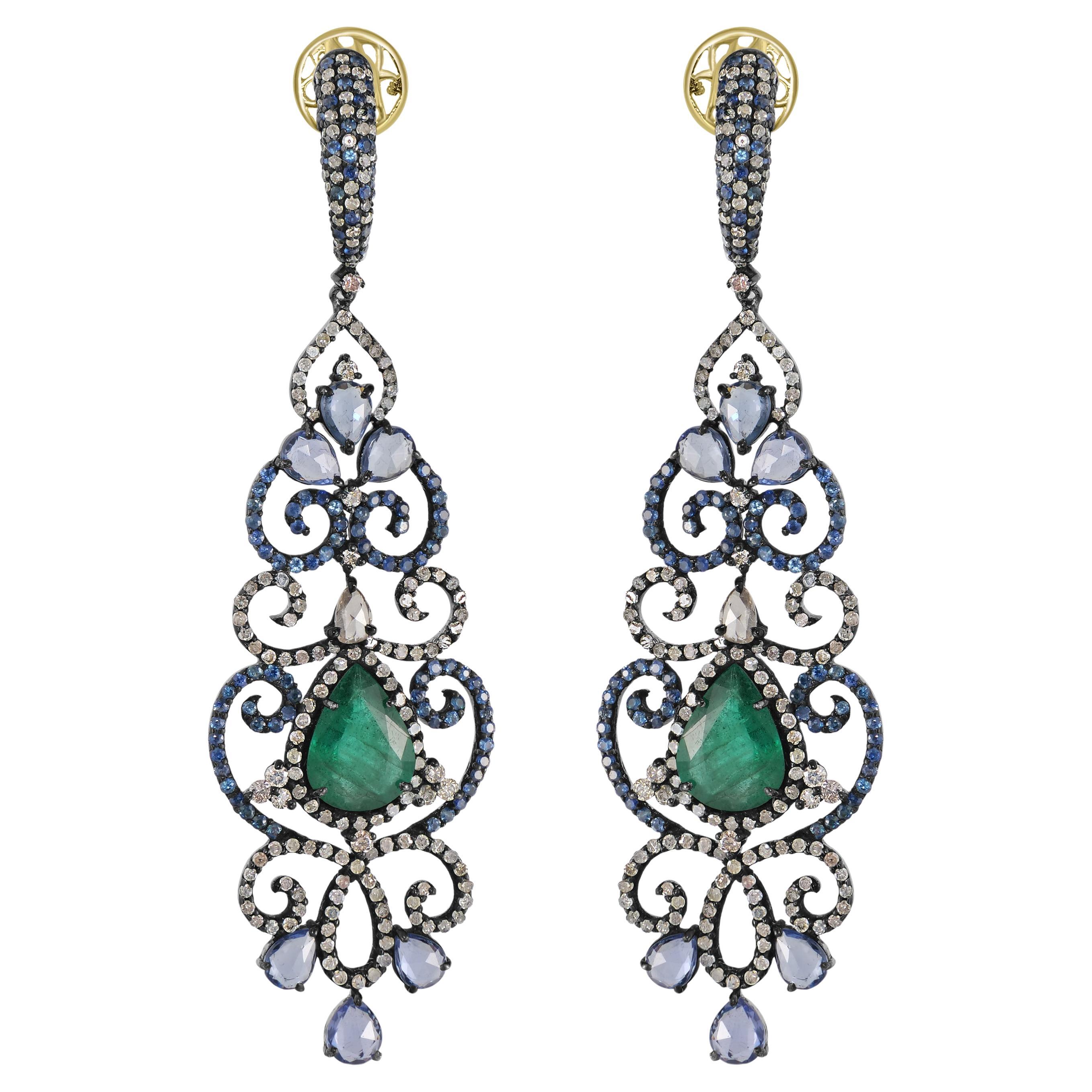 Victorian .4.05 Cttw. Emerald, Blue Sapphire and Diamond Chandlier Earrings   For Sale