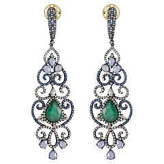 Victorian .4.05 Cttw. Emerald, Blue Sapphire and Diamond Chandlier Earrings  