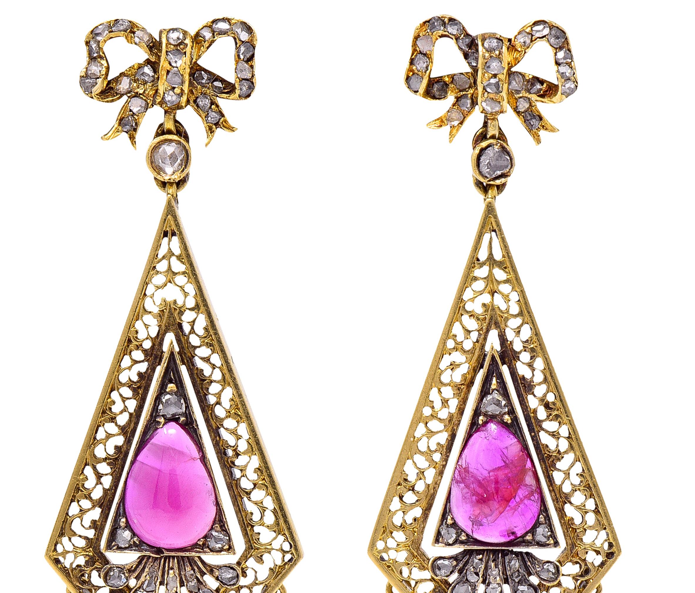 Victorian 4.12 Carats Ruby Diamond 18 Karat Yellow Gold Bow Fringe Drop Earrings In Excellent Condition In Philadelphia, PA