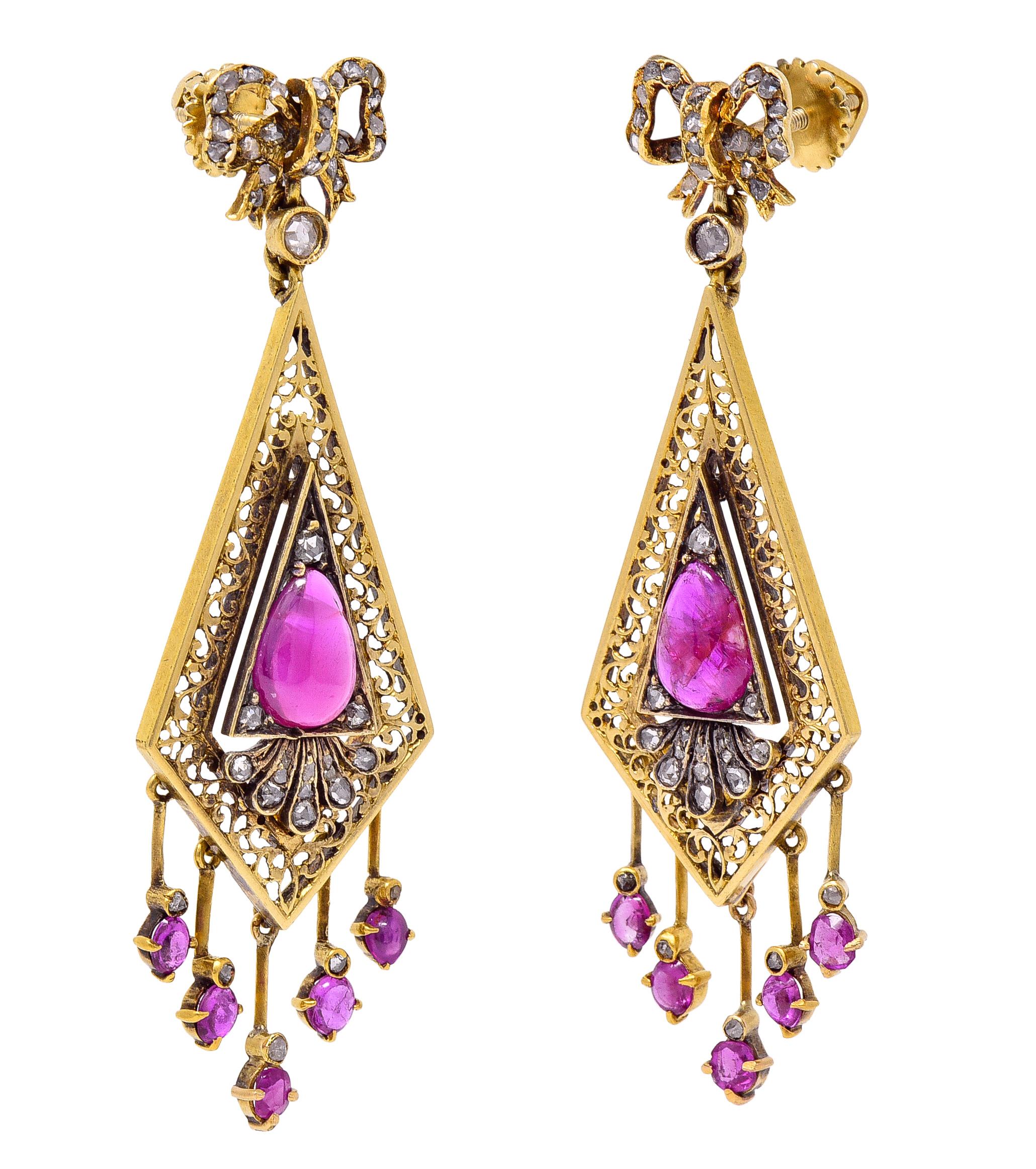 Women's or Men's Victorian 4.12 Carats Ruby Diamond 18 Karat Yellow Gold Bow Fringe Drop Earrings