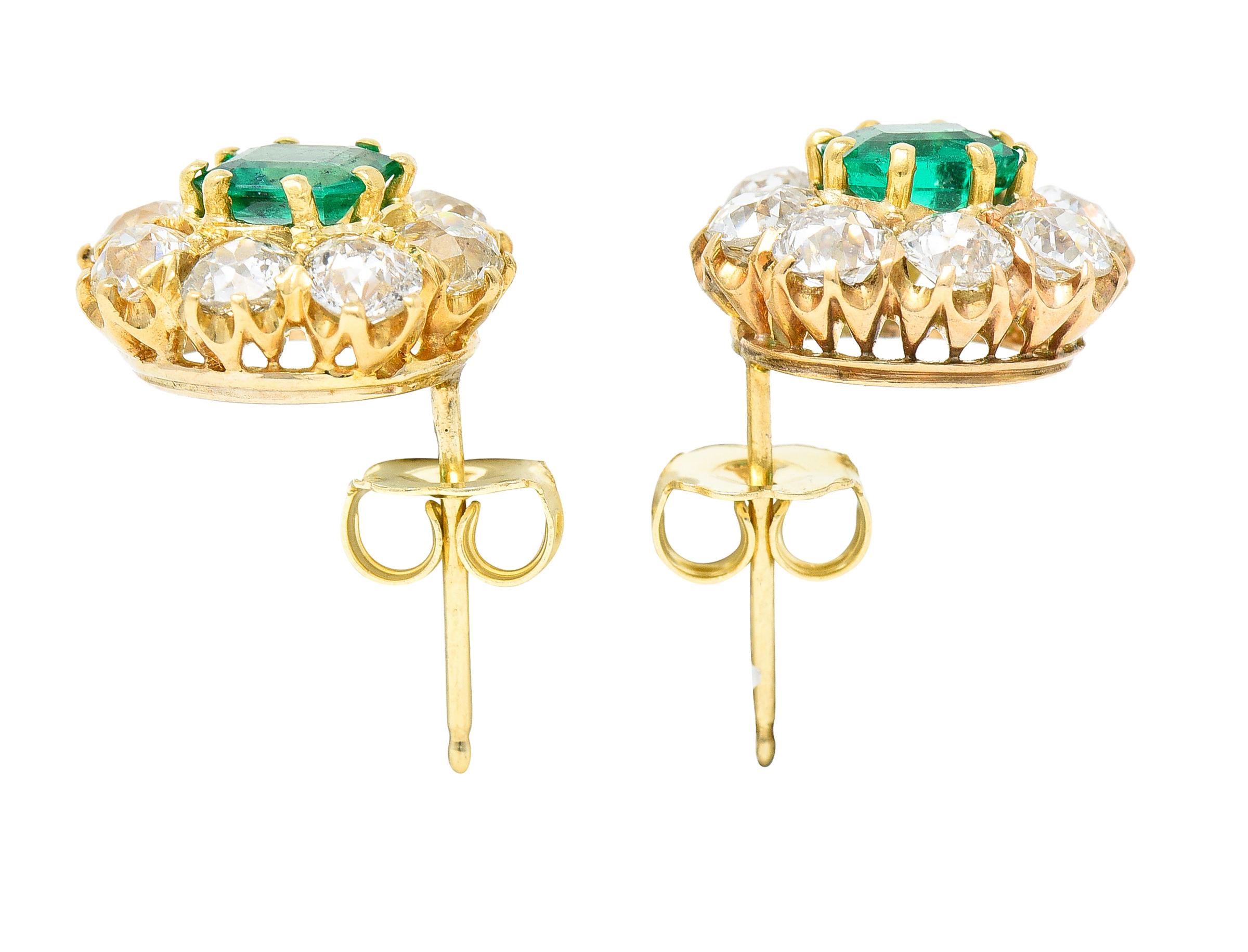 Women's or Men's Victorian 4.14 Carats Emerald Old European Cut Diamond 18 Karat Earrings For Sale