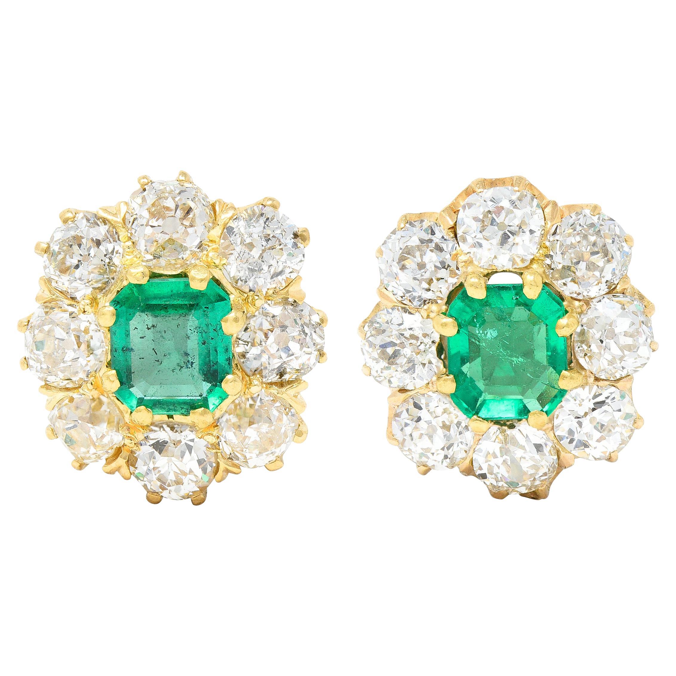 Victorian 4.14 Carats Emerald Old European Cut Diamond 18 Karat Earrings For Sale