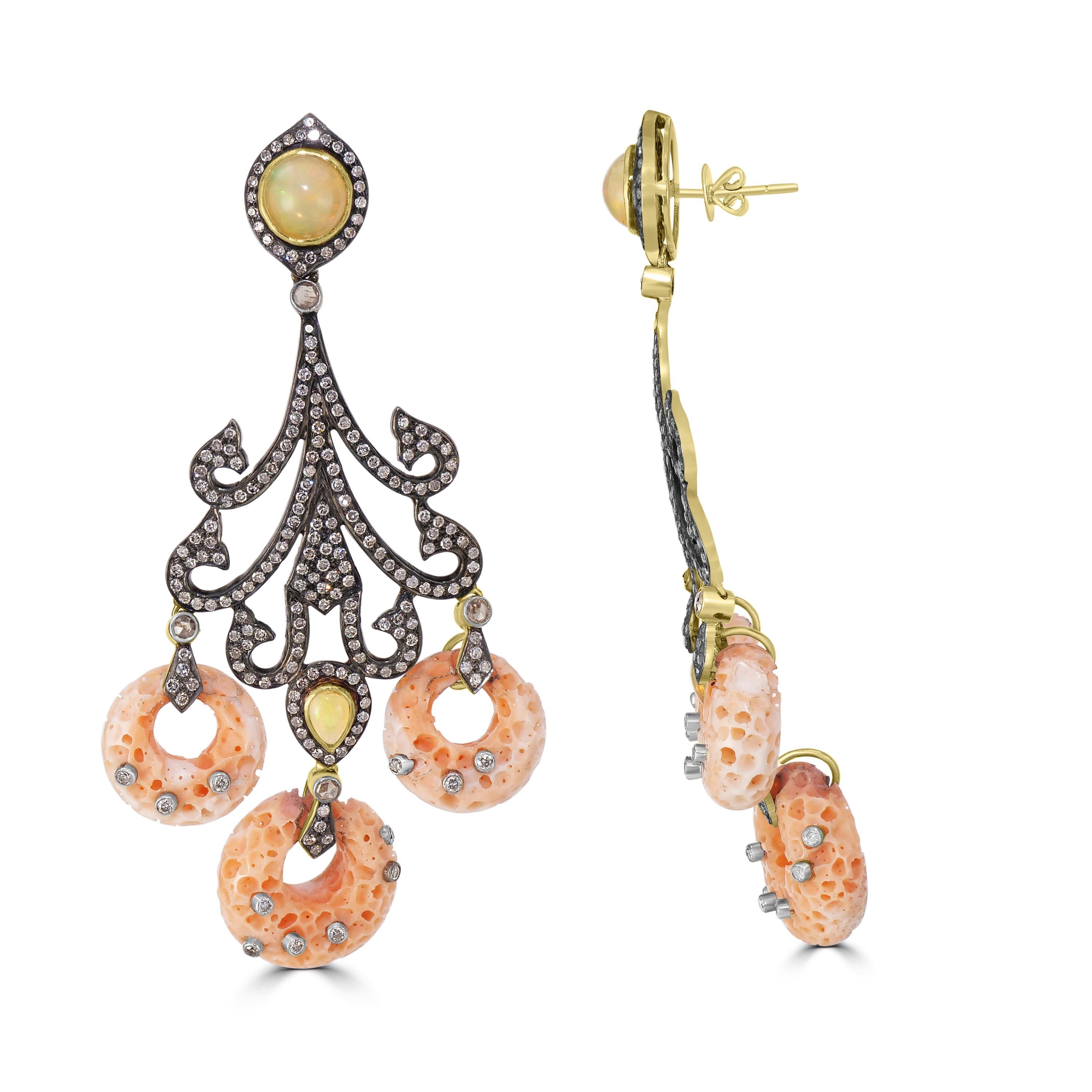Round Cut Victorian 41.64 Cttw. Coral, Opal and Diamond Dangle Earrings For Sale