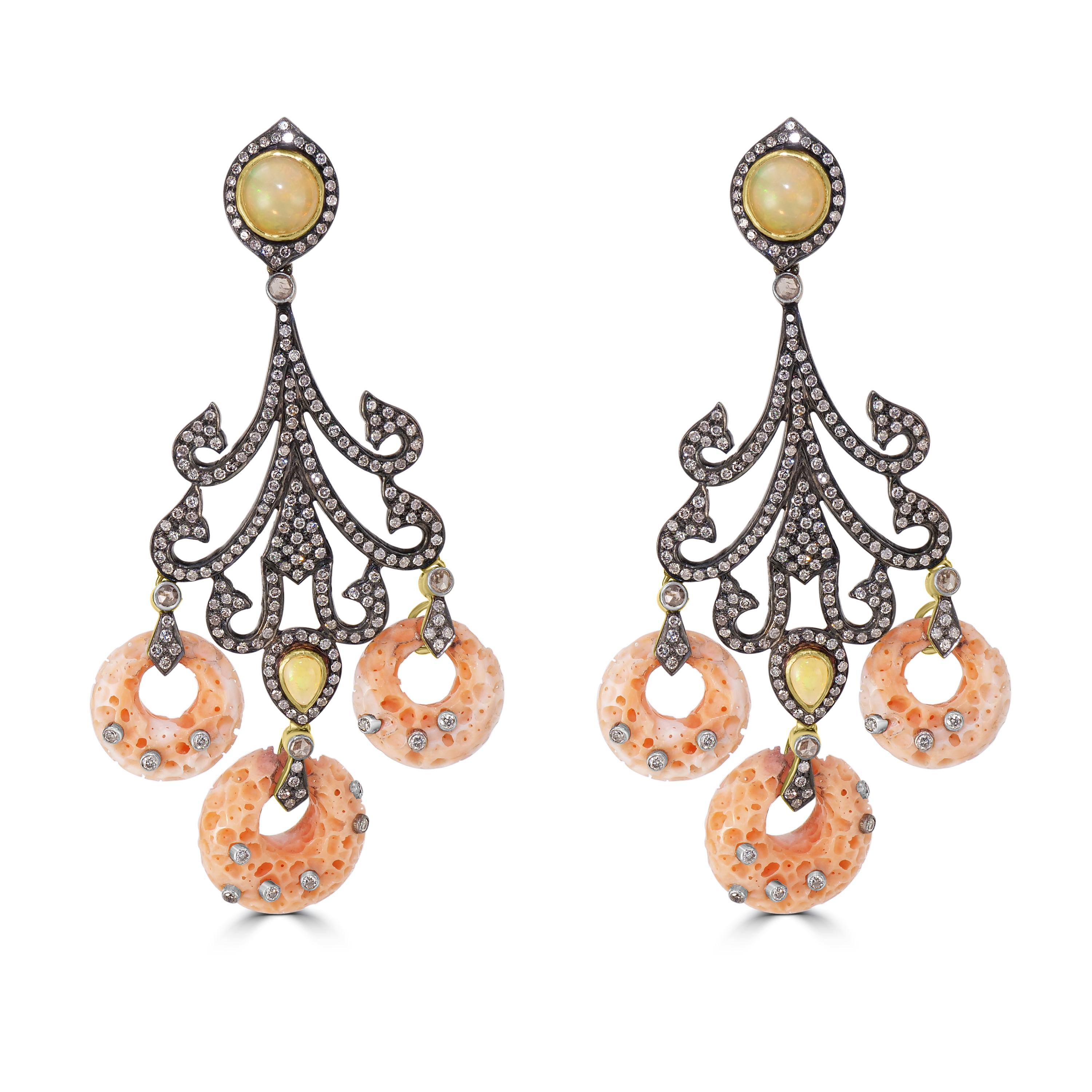 Victorian 41.64 Cttw. Coral, Opal and Diamond Dangle Earrings In New Condition For Sale In New York, NY