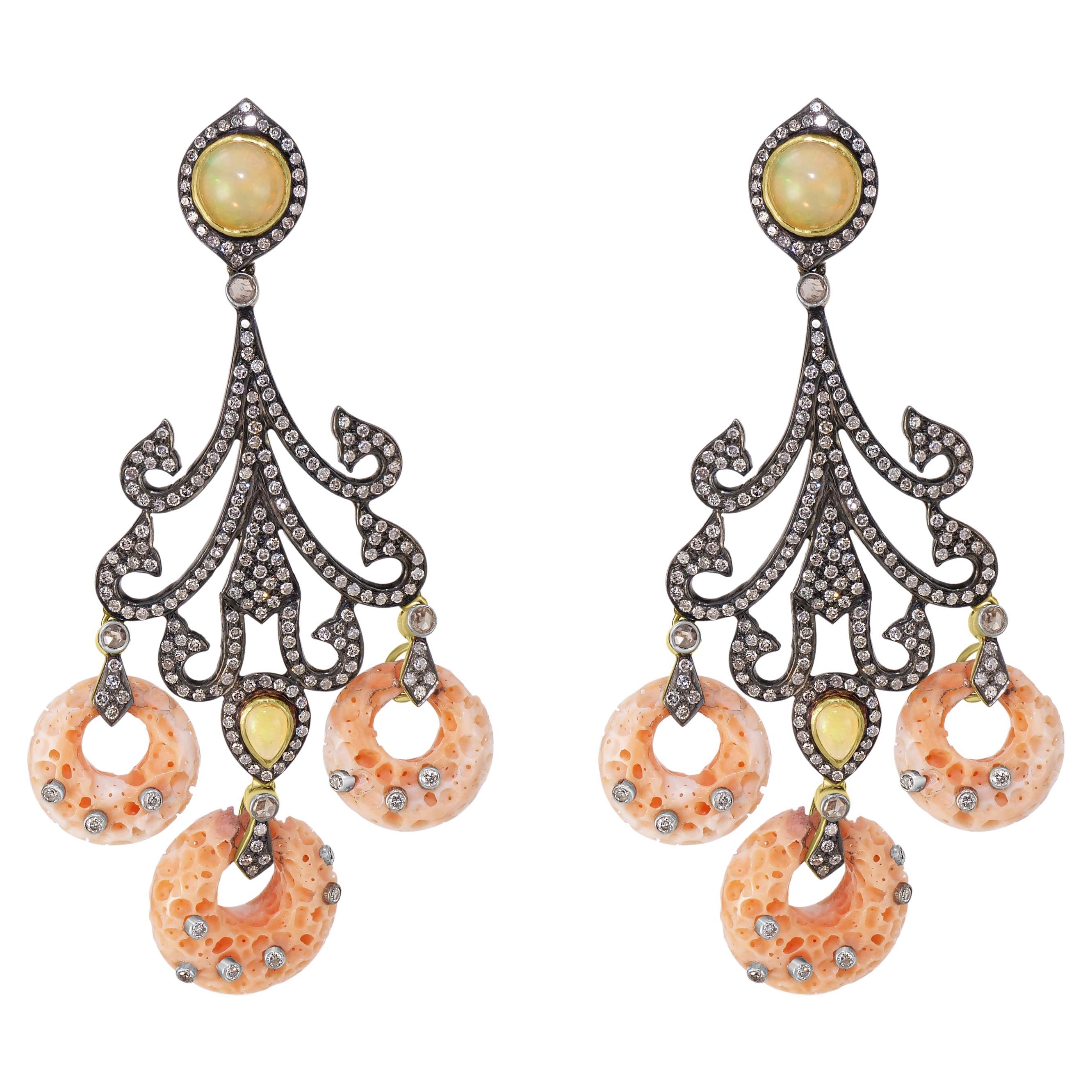 Victorian 41.64 Cttw. Coral, Opal and Diamond Dangle Earrings