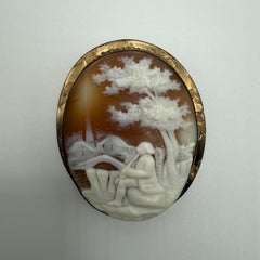 Victorian 41mm Shell Cameo Brooch Featuring Seated Flutist Under Tree